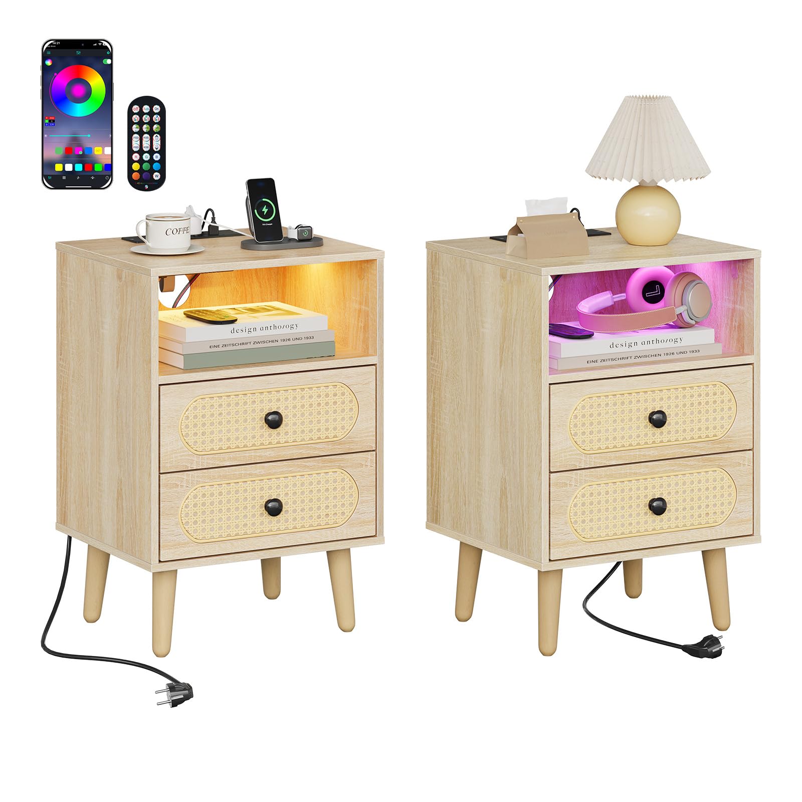 WOLTU Table de Chevet Connctée, avec LED Réglable et Multiprise, Lot de 2