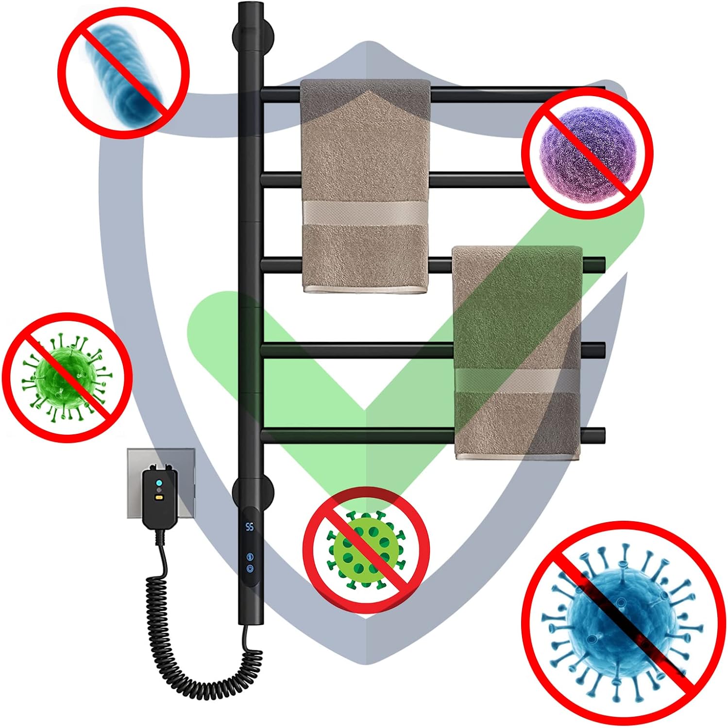 ESOP Heated Towel Racks 180° Rotatable Towel Rack with Timer, 1H-8H, 82W Wall Mounted Towel Warmer Racks, Constant Temperature Heated Towel Warmer for Bathroom, Kitchen, Black