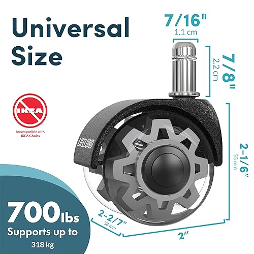 Miniatura 22 de Lifelong Ruedas de repuesto de goma para sillas de oficina, ruedas resistentes de 2 pulgadas para suelos de madera dura y alfombras, juego de 5,