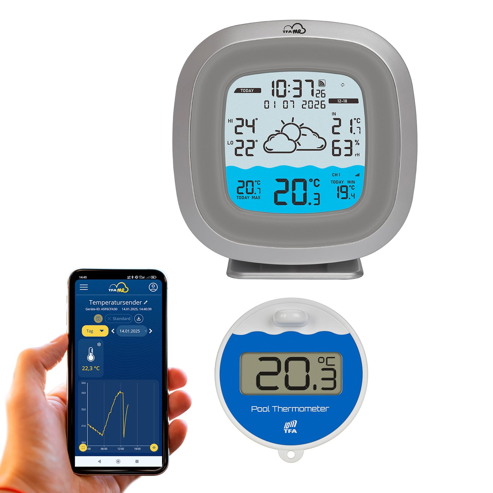 TFA Dostmann TFA.me ID-09 35.8114 bezprzewodowa stacja pogody WLAN z termometrem basenowym, profesjonalna prognoza pogody przez Wetter.com na 4 dni, z portalem online, do basenu, stawu, kąpieli