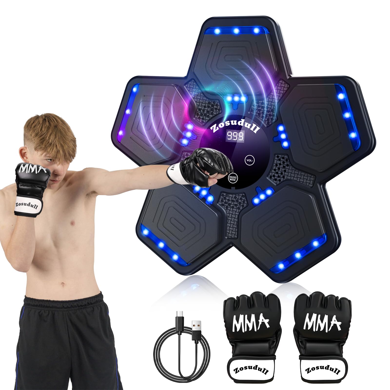 Music Boxing Machine, Intelligente Musik Boxmaschine mit LED-Licht,Bluetooth Boxgerät für Kinder/Erwachsene,Wandmontiertes Boxziel mit Boxhandschuhen,Geschwindigkeitseinstellung,Zählmodus