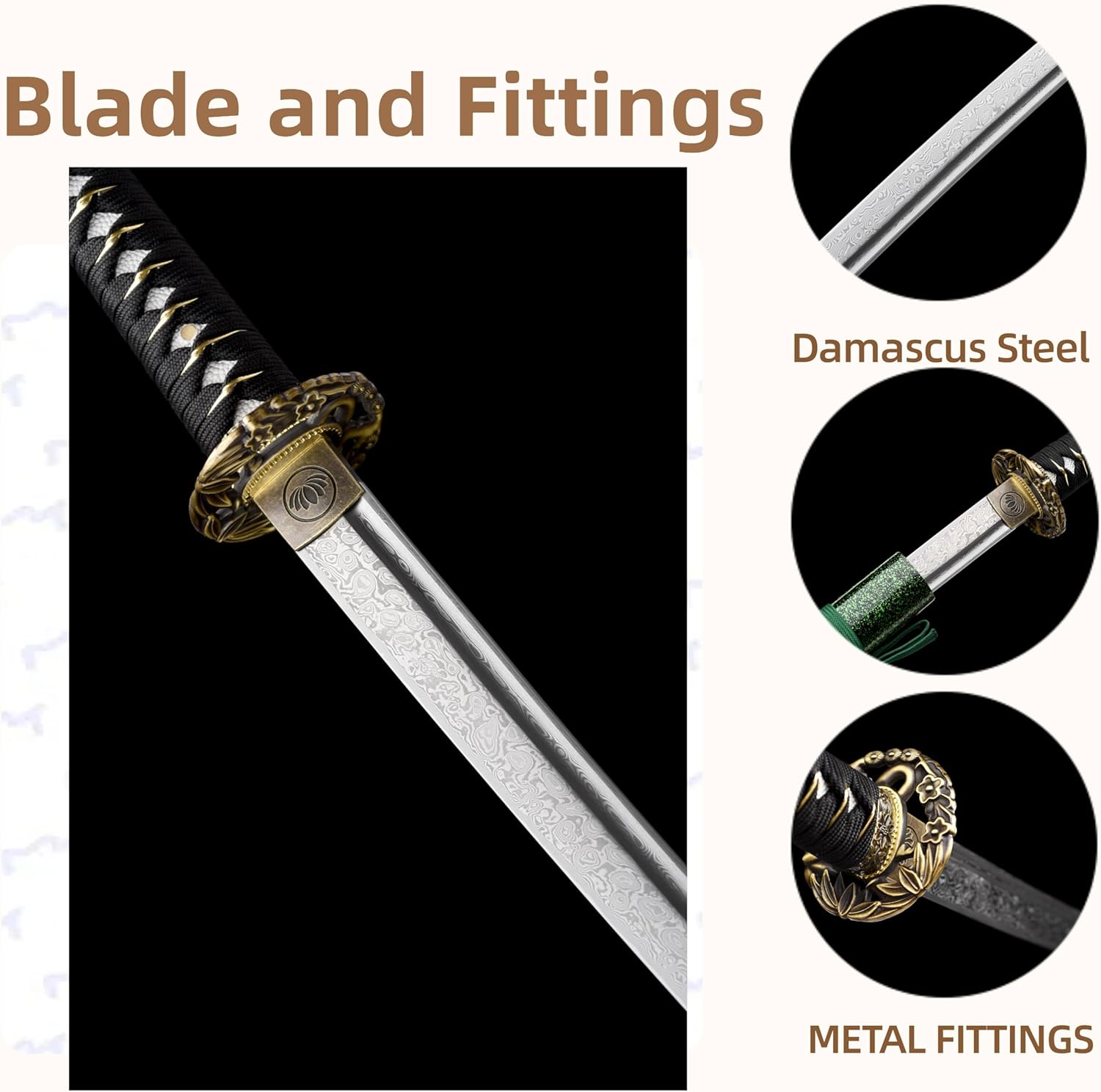 Katana，Hand-Forged Katana Sword，Razor-Sharp 1095 & T10 Damascus Steel Blade, Full-Tang Structure | for Martial Arts Practice, Collector's Display, Unique Gift for Men