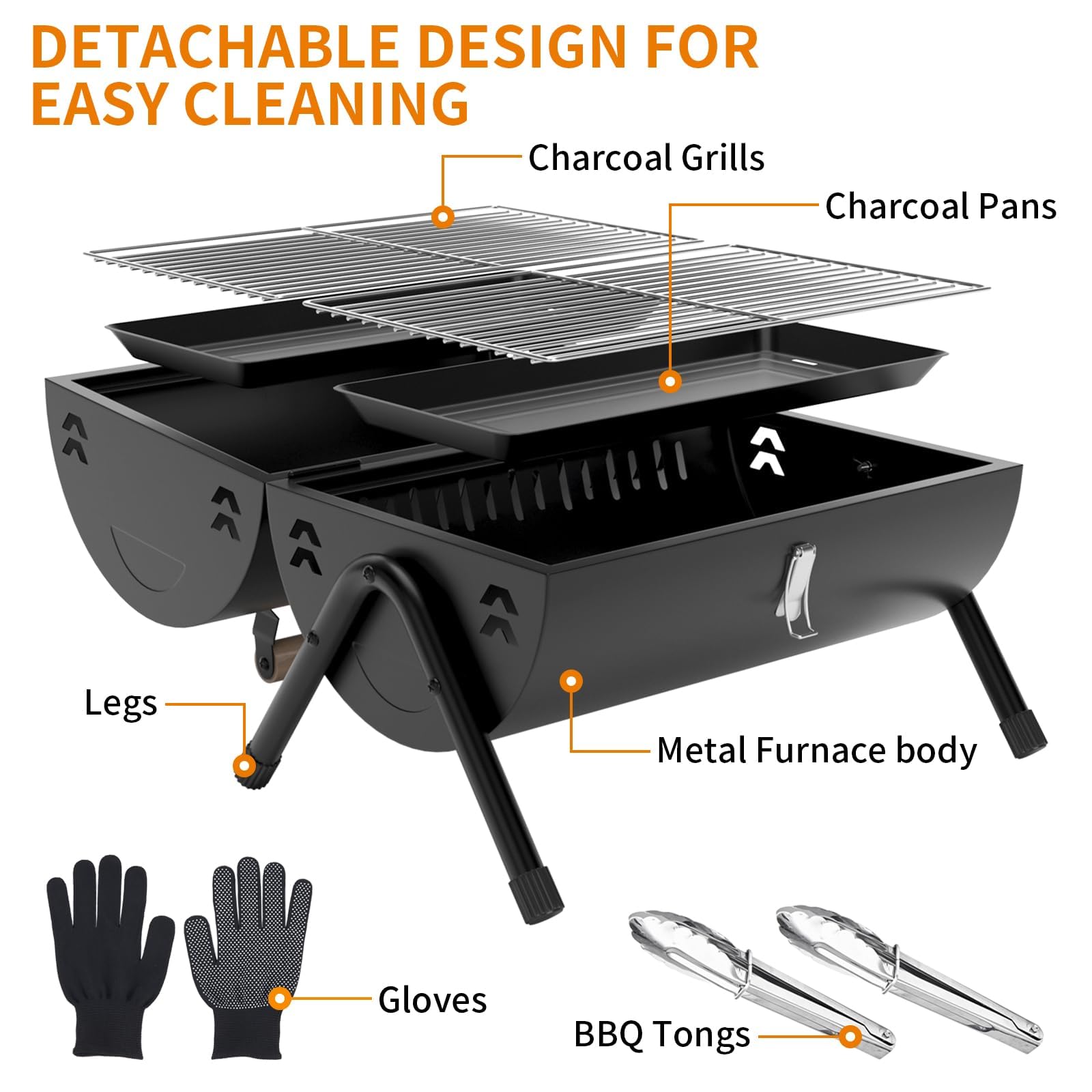 Przenośny grill na węgiel drzewny z klipsami kominowymi i rękawiczkami – mini grill stołowy na kemping na świeżym powietrzu i imprezy w ogrodzie, idealny na pikniki i tailgating