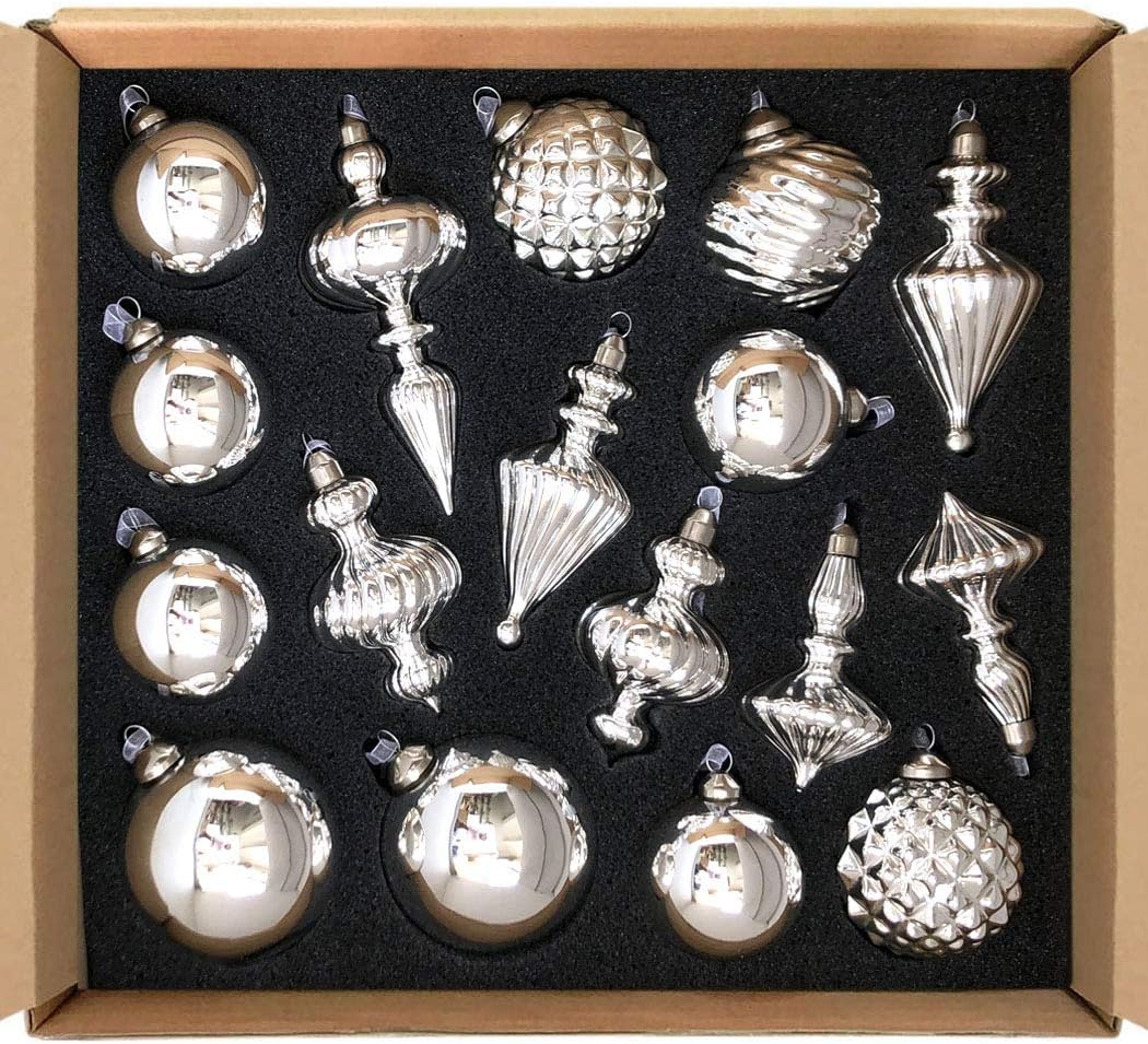 glasburg Glass Christmas Ornaments Antique Shiny Silver Size Medium(17 Ornaments)