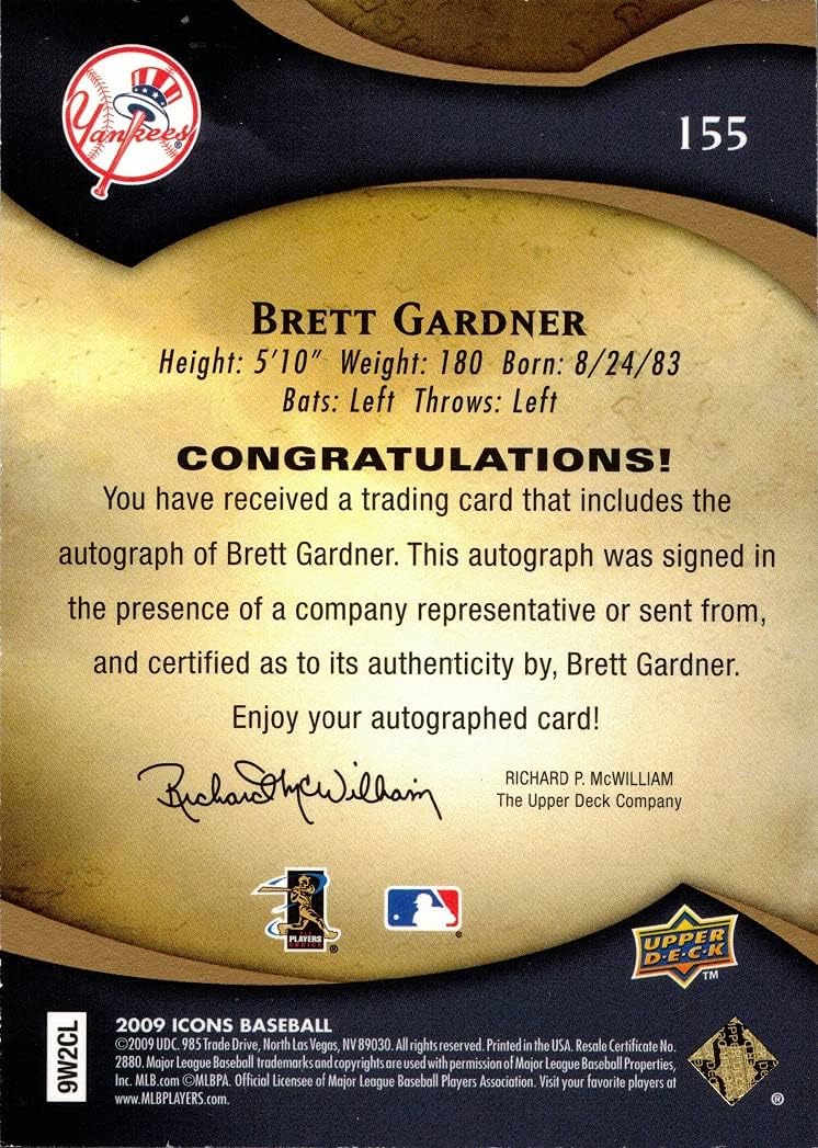 2009 Upper Deck Icons #155 Brett Gardner Certified Autograph Baseball Card - Only 600 made!