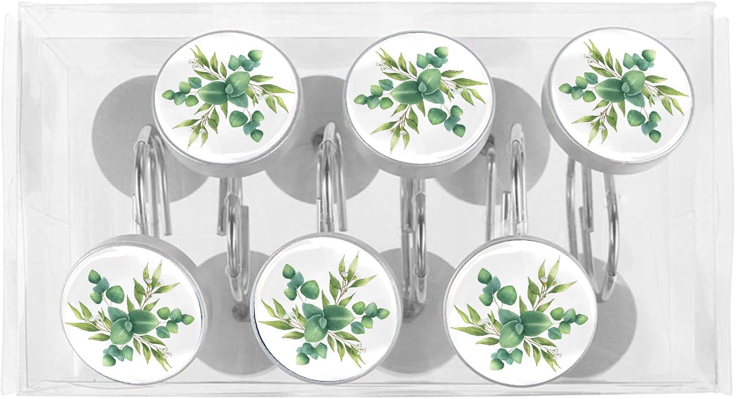 Watercolor Green Eucalyptus Leaves and Branches Shower Curtain Hooks Set of 12 Rustproof Metal Decorative Shower Hooks for Curtains Rods Shower Curtain Rings for Bathroom Living Room Bedroom
