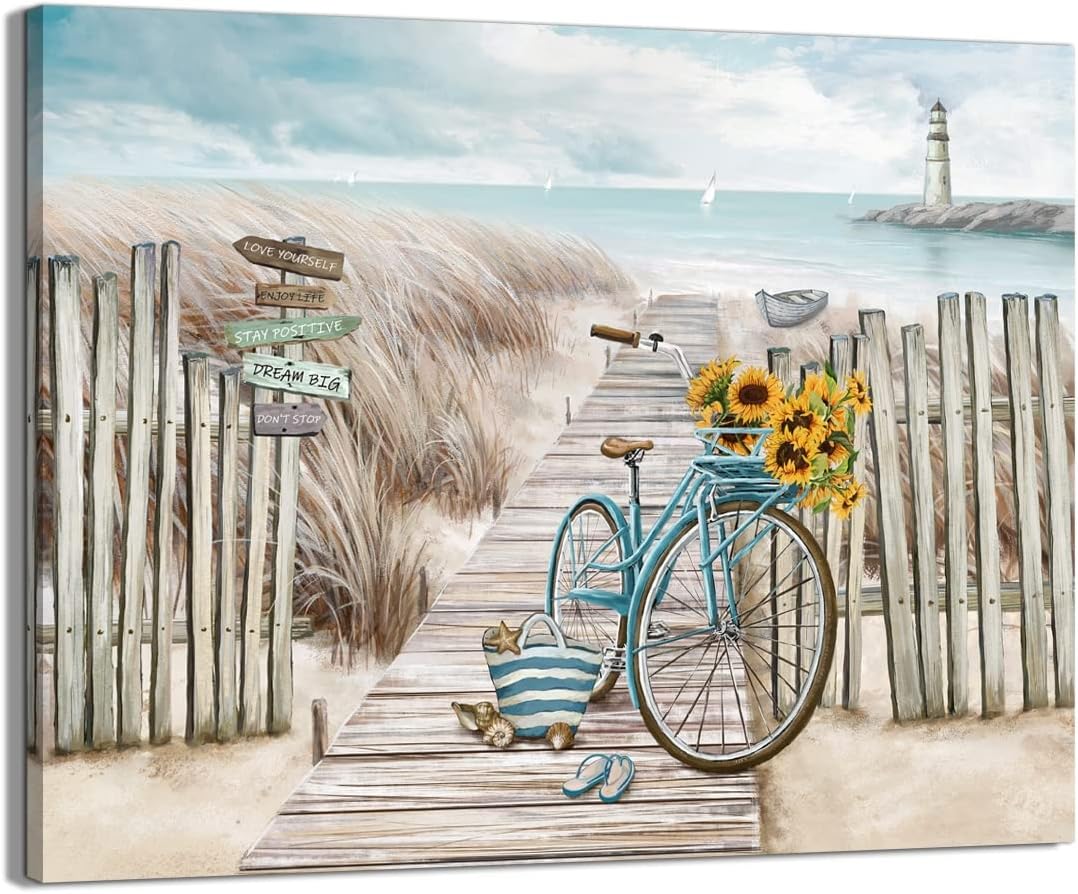 LAIART Beach Canvas Wall Art for Bathroom With Fence Wooden Path Bike Decor Lighthouse Print Pictures Artwork (11"x15")…