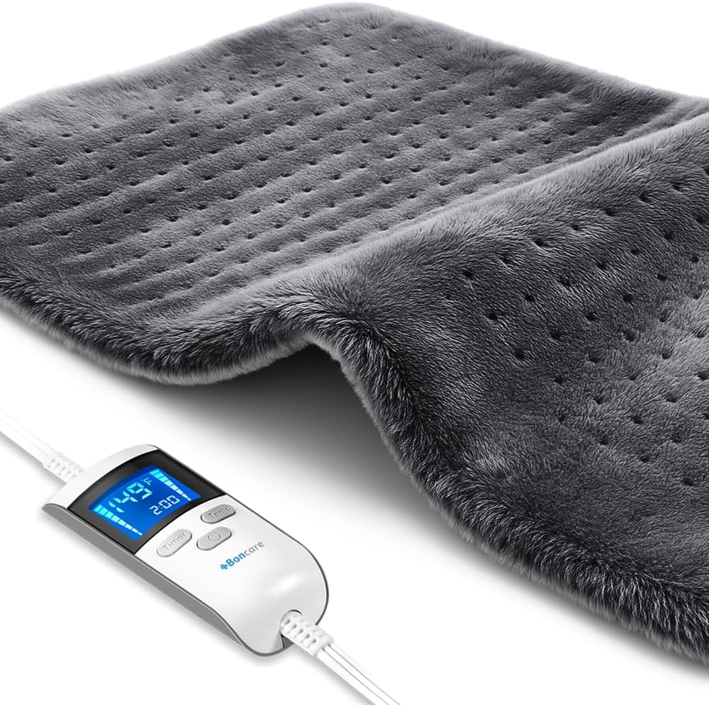 Boncare® LCD Digital Control 12” x 24” Heating Pad for Back Pain Relief and Cramps with Auto Shut off Large Size 6 Temperature Settings 6 Timers Super Soft Velvet Moist / Dry Hot Heat Pad (Dark Gray)