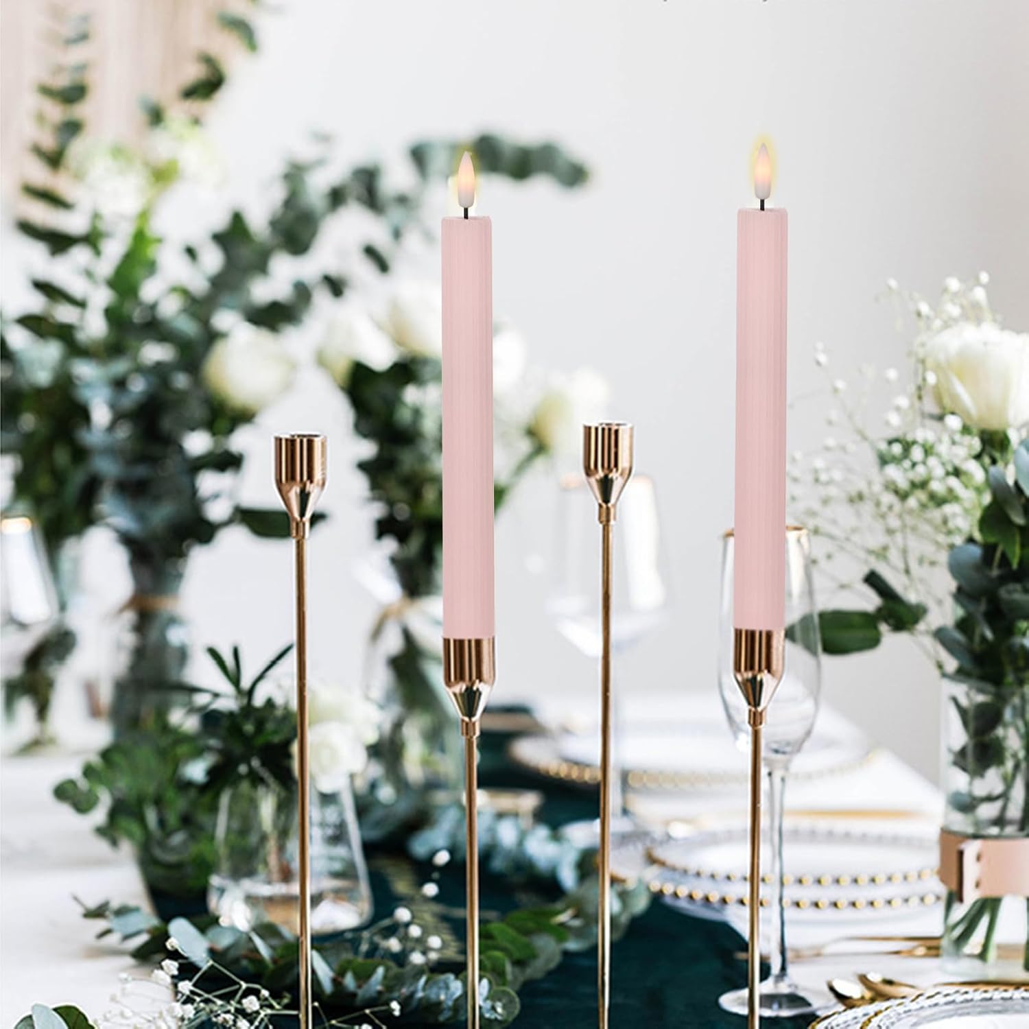Spring Taper Candles Pastel Flameless Flickering with Remote Timer, Battery Operated Warm Light LED Candles Striped Real Wax Wedding Birthday Party Decor 6 Pack (0.78 X 9.45 Inchs)