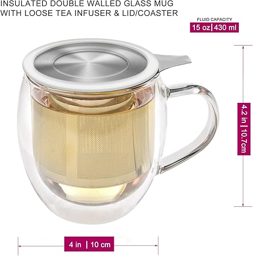 Miniatura 4 de Teabloom Taza de vidrio a prueba de calor de doble pared con infusor de acero inoxidable y tapa blanca, 15 onzas  14.5 fl oz, 2 tés florecientes