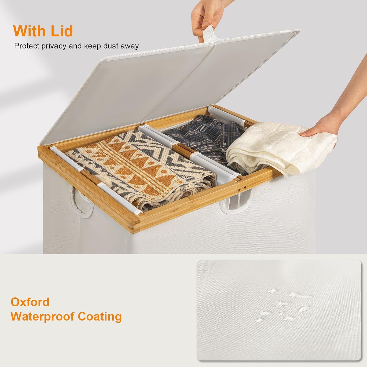 WOWLIVE 165L Double Laundry Hamper with Lid Bamboo Laundry Basket 2 Section,Large Dirty Clothes Hamper with Removable Bags, Laundry Bin Organizer Storage for Dorm,Bedroom,Bathroom,Beige