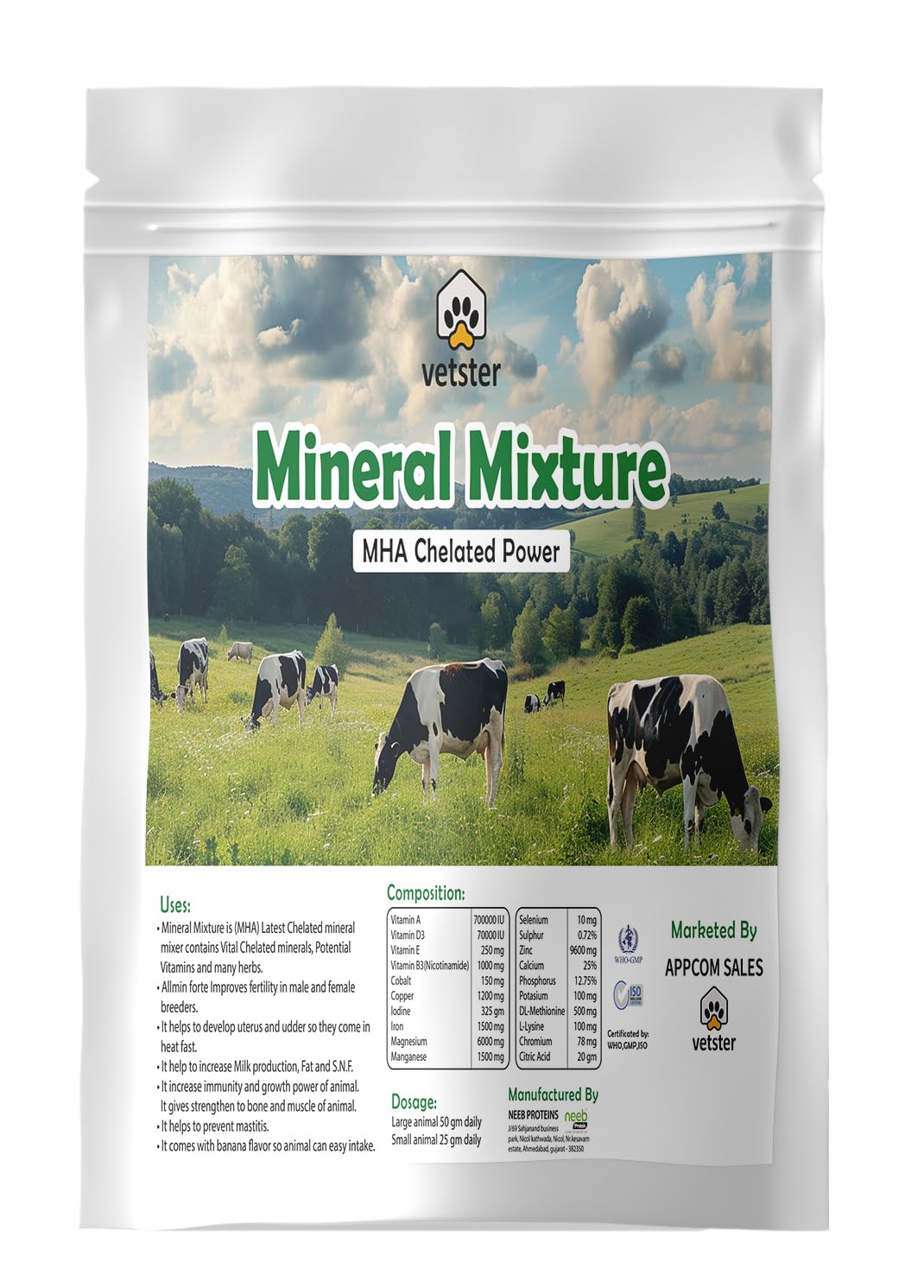 Vetster 2Kg Chelated Mineral Mixture for Cow Buffalo Goat Pig Calf Sheep Hen Chicks Broilers Poultry Cattle Livestock Animals, Increase Milk Production & Enhance Growth