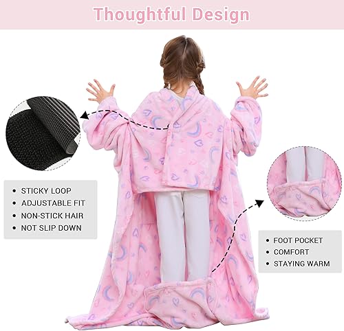 Miniatura 10 de Viviland Manta de forro polar para niños con mangas y bolsillo para el pie para niños, manta ligera y suave para niñas, con velcro de 47 x 47