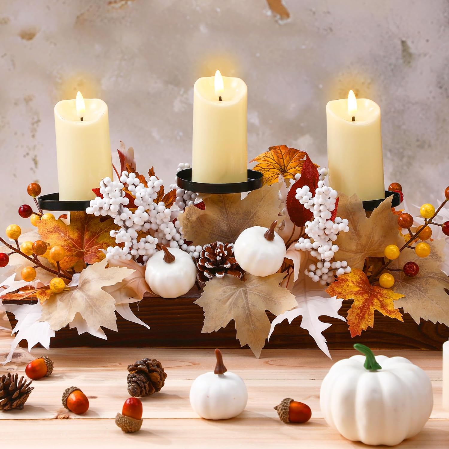 Vesici Fall Centerpiece Table Decoration Neutral Thanksgiving Tabletop with 3 Candle Holder Artificial Maple Leaves White Pumpkin and Berries Rustic Harvest Farmhouse Decor for Autumn Fireplace Mantel