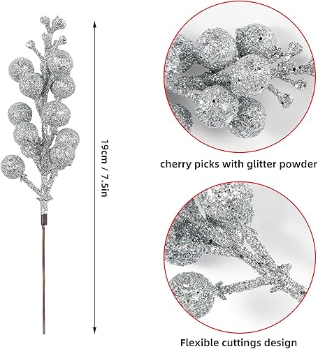 Vista 27 de Crafare Paquete de 24 tallos de bayas con purpurina de Navidad artificiales para relleno de árbol de Navidad, coronas, manualidades, decoración