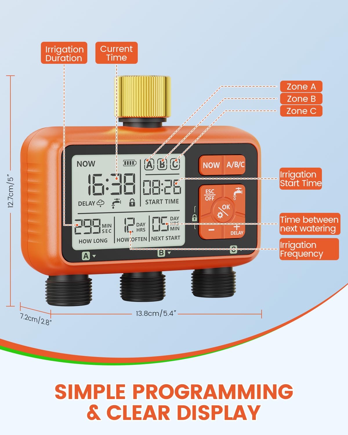 Timer per irrigatore a 3 zone con ingresso in ottone Timer dell'acqua per tubo da giardino Regolatore programmabile del rubinetto del tubo flessibile con controllo della zona indipendente Ritardo