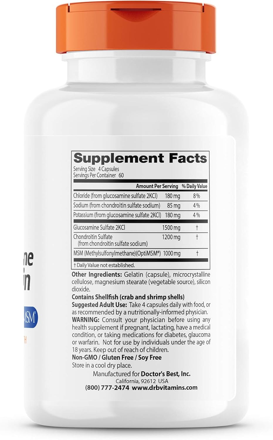 Doctor's Best Glucosamine Chondroitin Msm with OptiMSM Capsules, Supports Healthy Joint Structure, Function & Comfort, Non-GMO, Gluten Free, Soy Free, 240 Count (Pack of 1) : Health & Household