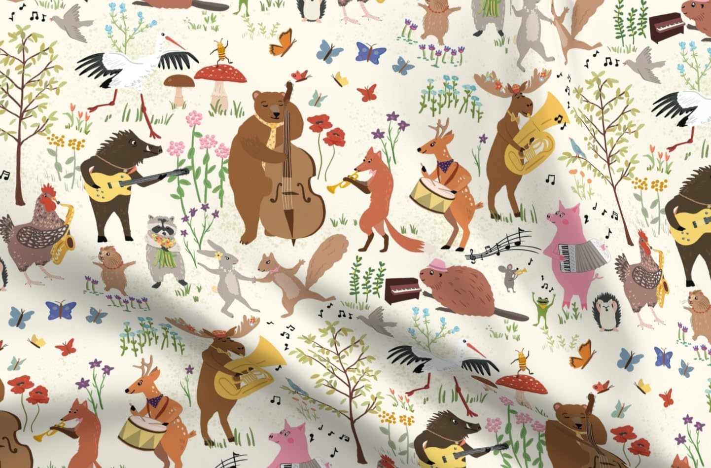 Spoonflower Fabric - Woodland Animals Whimsical Party Colorful Kids Garden Celebration Printed on Petal Cotton Fabric Fat Quarter - Sewing Quilting Apparel Crafts Decor