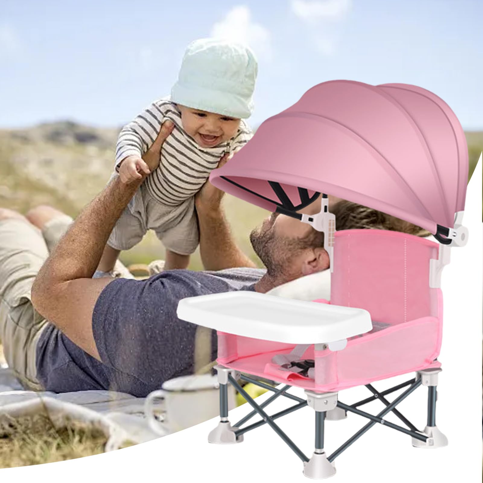 Chaise Portable Pour Bébé Repas Siège De Enfant Avec Plateau Repas | Chaise Pliante avec Toile Anti-UV pour Maison Plage Camping Pique-nique