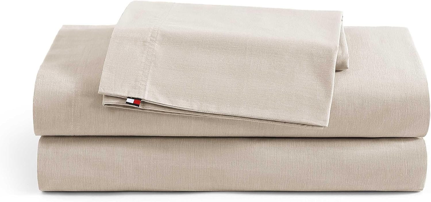 Tommy Hilfiger - Twin Size Sheet Set, Soft Cotton Chambray Bedding with a Lightweight Feel, Deep Pockets, Bed Sheets with Matching Fitted Sheet & Pillowcase (Beige)