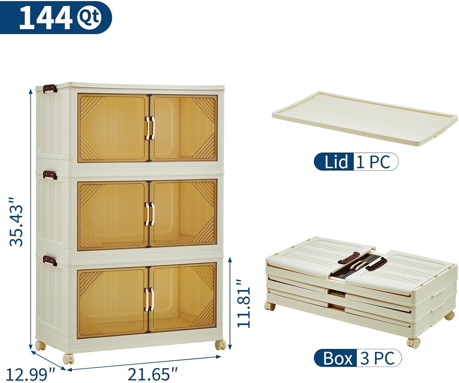 GarveeHome 144QT Stackable Storage Bins, Folding Storage Box with Magnetic Doors & Wheels, Loset Organizers and Storage with Lids, Collapsible Plastic Drawers for Bedroom Kitchen Office, White 3rd floor 48QT