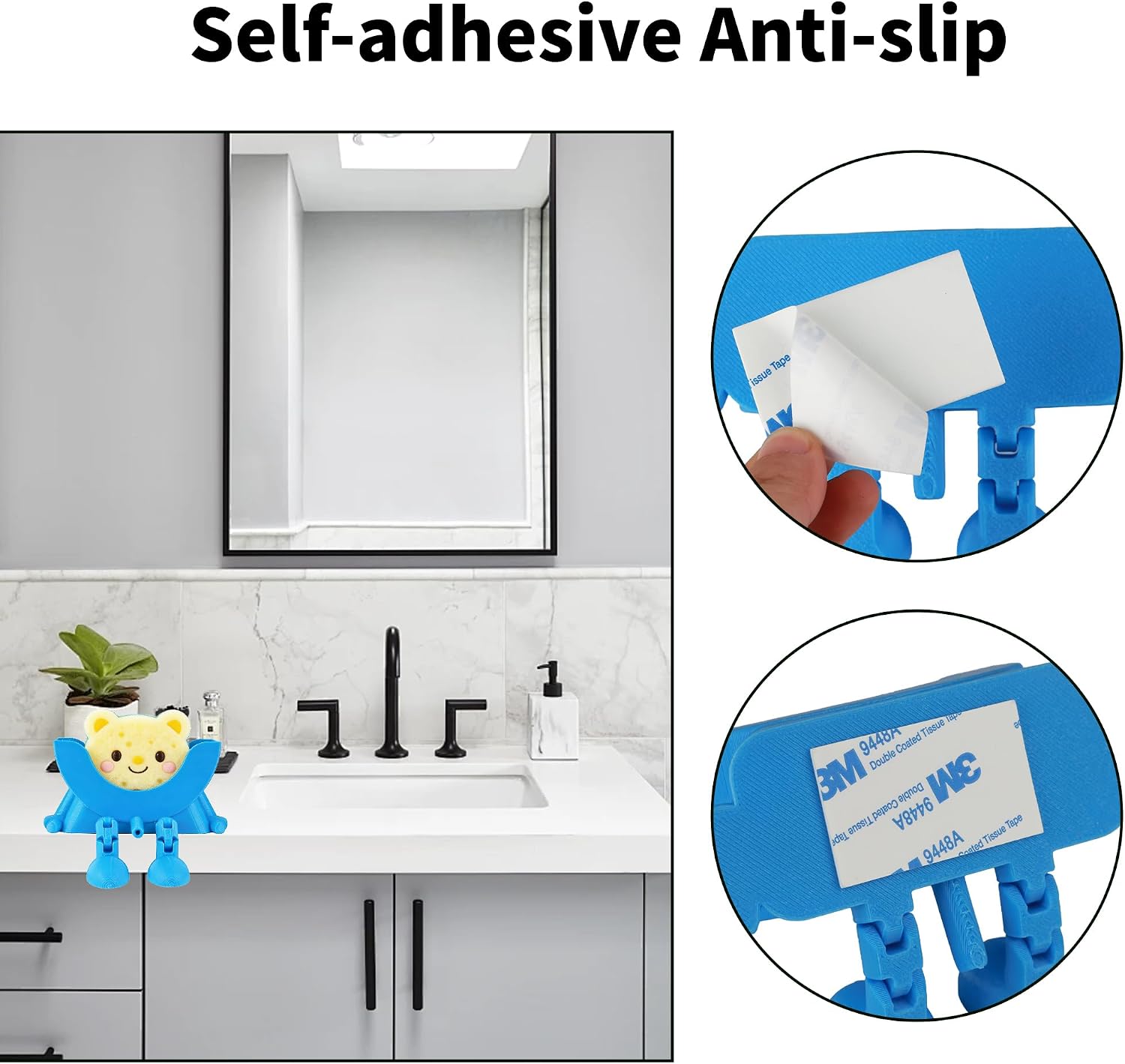 Cute Hanging Sponge Holder, Drainable Kitchen Sink Organizer, Scrub Sponge Stand Storage Rack with Smiley Design, Sink Accessories (Black)