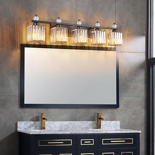 Miniatura 6 de Luces de tocador de 5 luces modernas de cristal arena negra para baño, accesorios de iluminación de tocador de baño de cristal sobre espejo