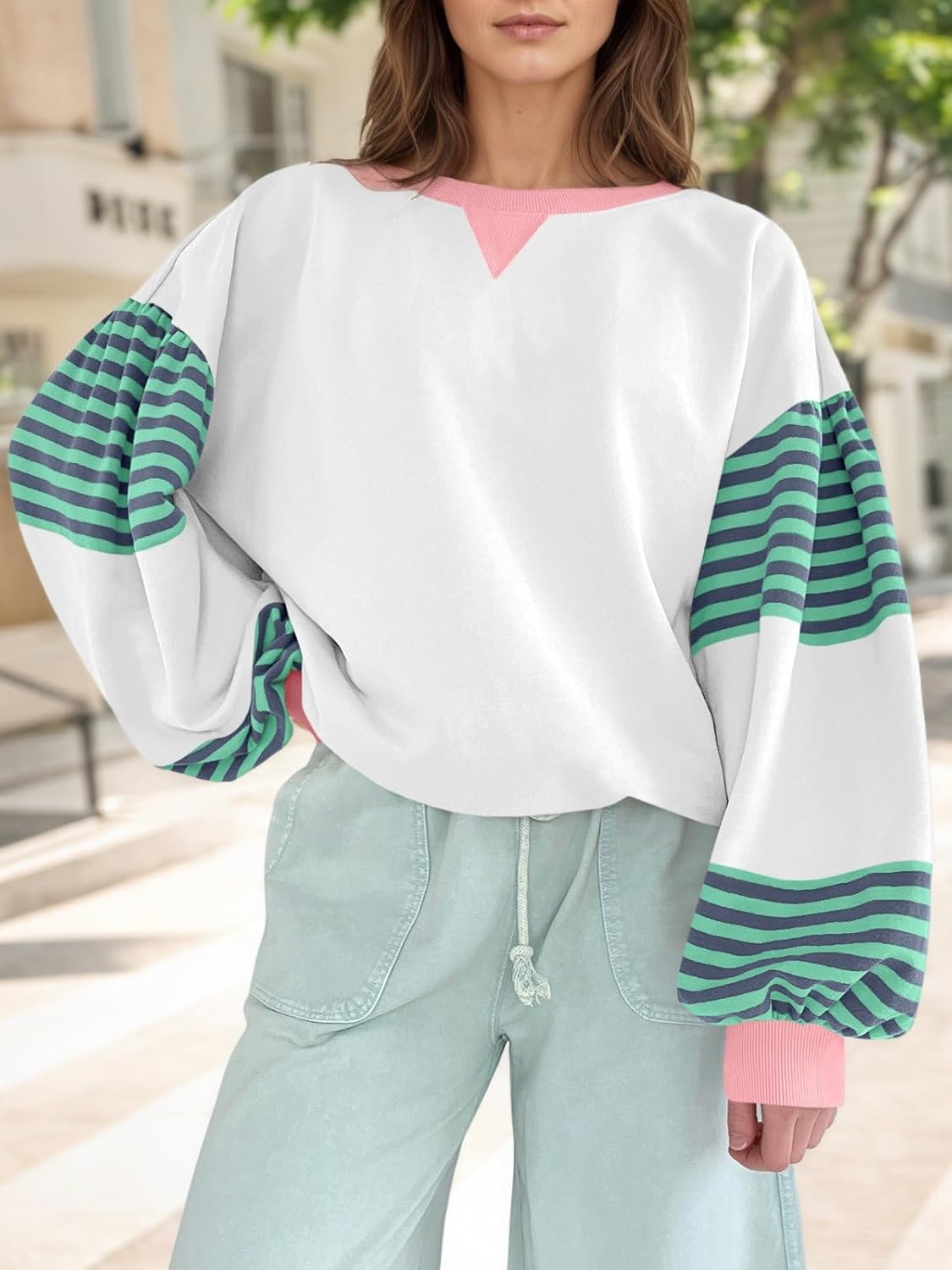 Fisoew Womens Color Block Oversized Sweatshirt Casual Lantern Long Sleeve Crewneck Striped Pullover Tops Fall Outfits - Image 4