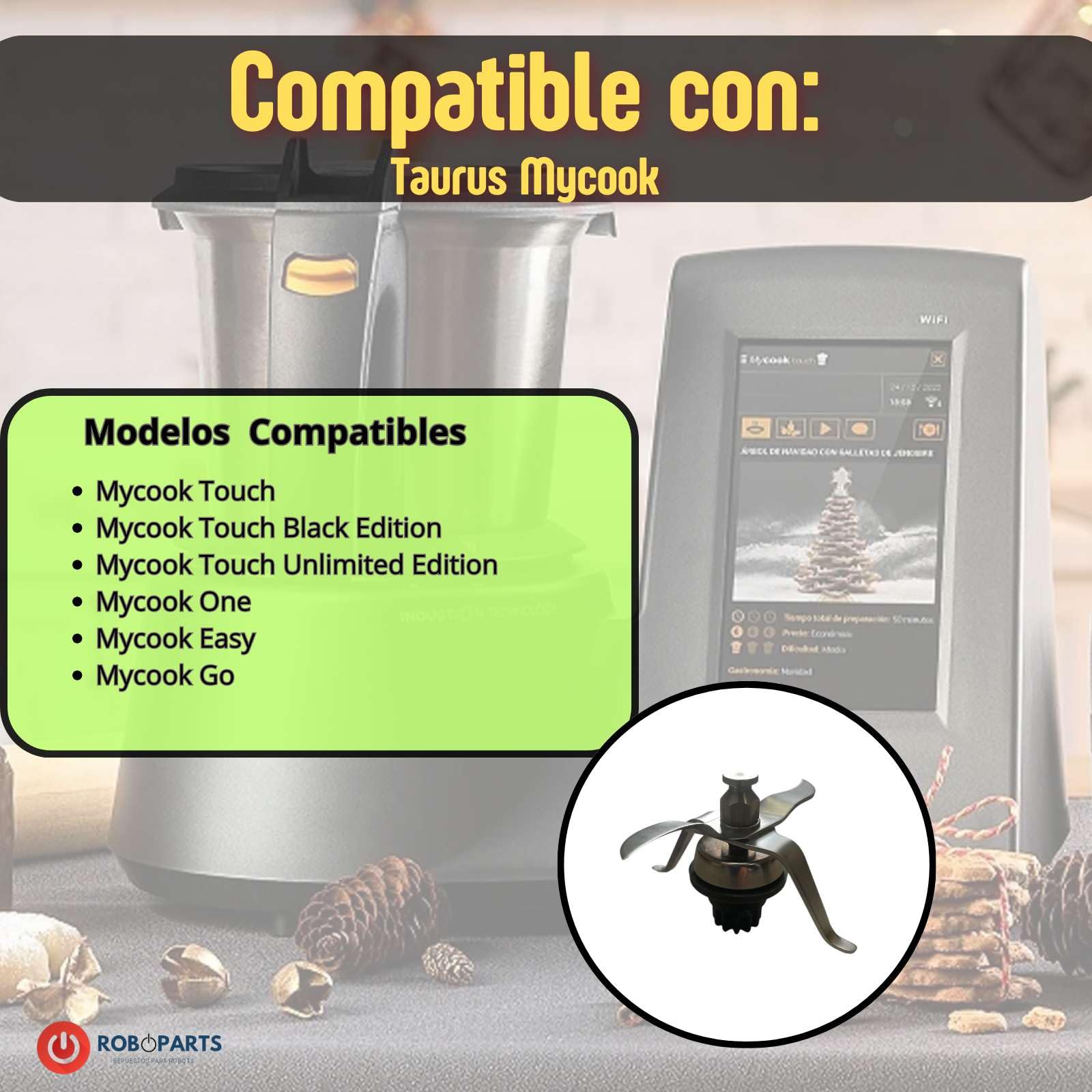 Roboparts® Cuchilla Recambio Compatible con Robot de Cocina Taurus MyCook Touch; Mycook Touch Black Edition; Mycook Touch Unlimited Edition; Mycook One: Mycook Easy; Mycook Go