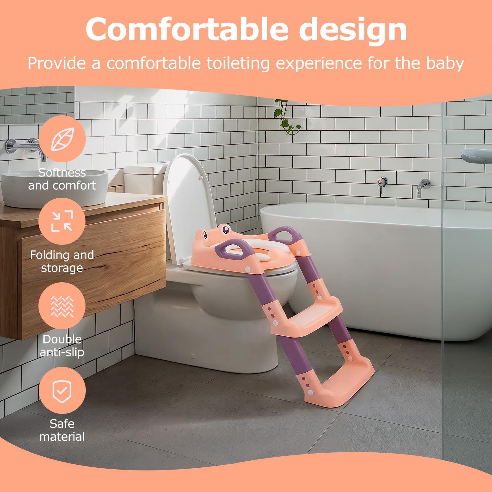 Kids Potty Training Seat, Detachable Toddler Toilet Seat Ladder with Adjustable Height PVC Soft Cushion for Toddlers Boys Girls(pink) - 5