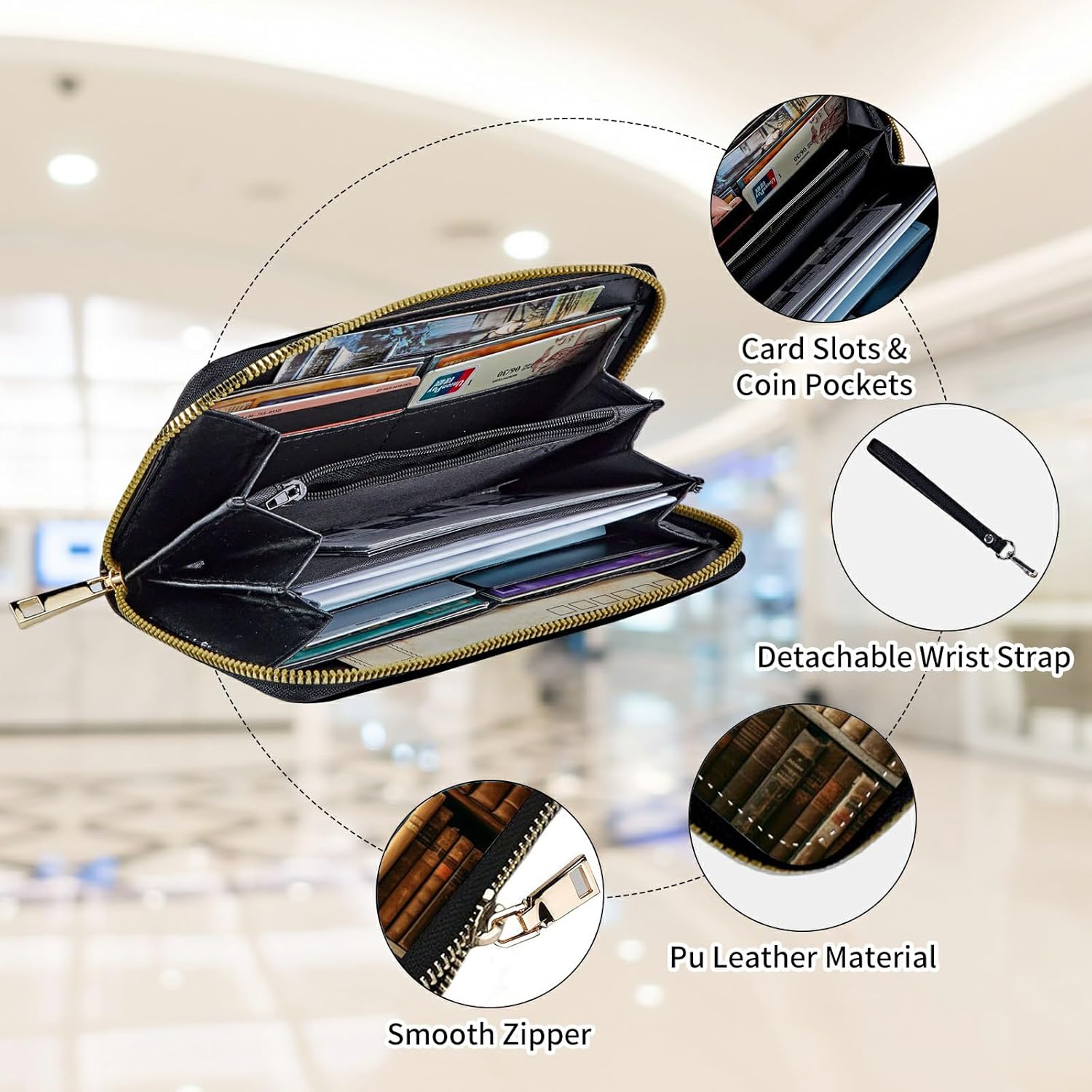 Womens Wallet, Large Capacity RFID Blocking PU Leather Wristlet Wallets for Women Ladies Men Credit Card Holder Zipper Wallet Phone Holder Clutch Travel Purse, Library Bookshelf - Image 3