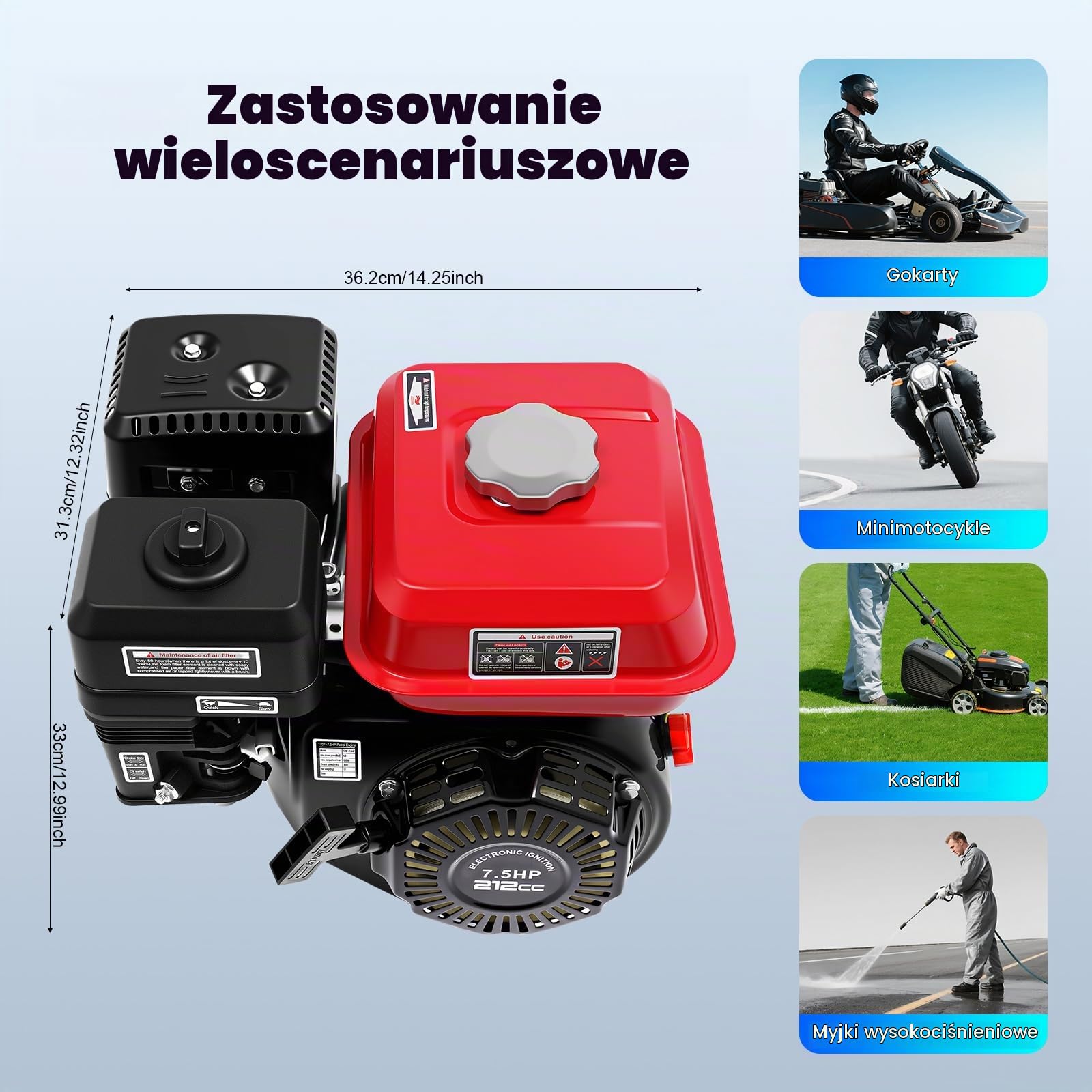 Silnik benzynowy 7,5 KM, 212 cc, 4-suwowy, jednocylindrowy, chłodzony powietrzem, 3600 obr./min, silnik stojący do gokartów, małych motocykli i kosiarek do trawy