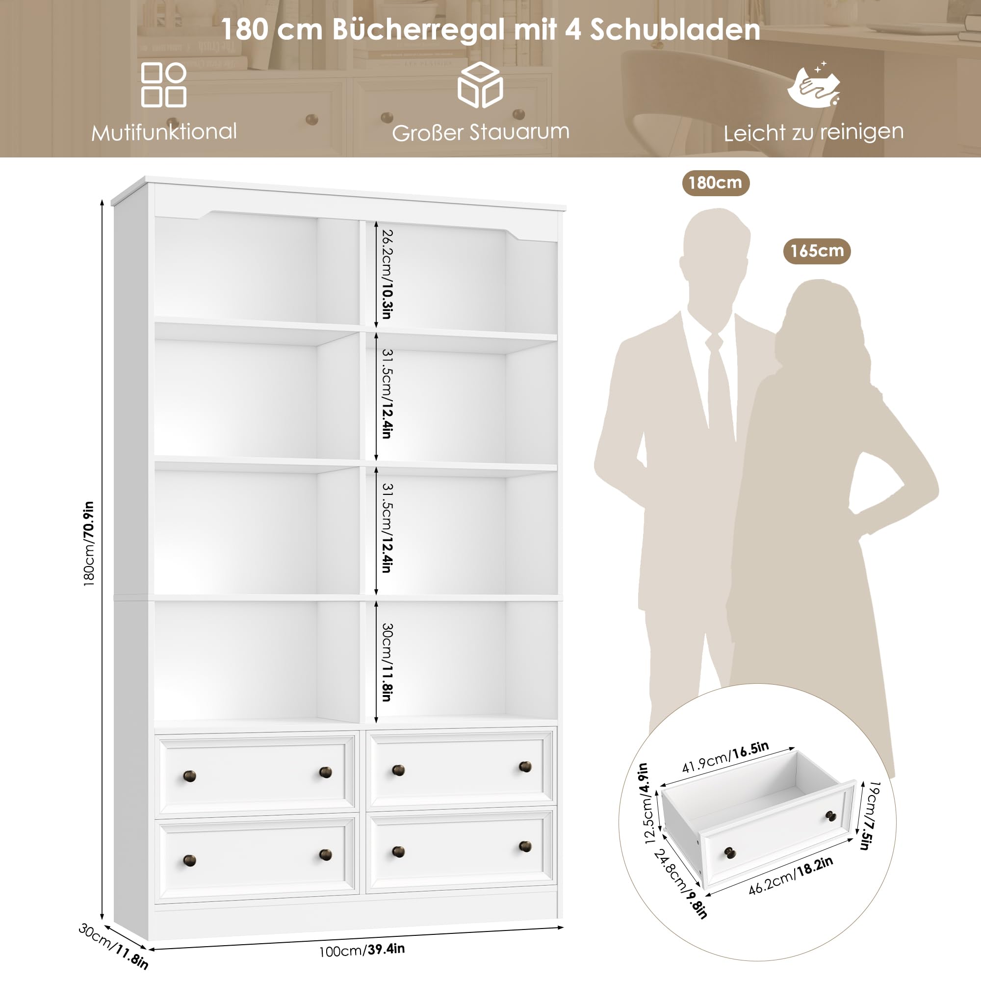 FirFurd 180 cm Bücherregal mit 4 Schubladen Bücherschrank mit 8 Fächern