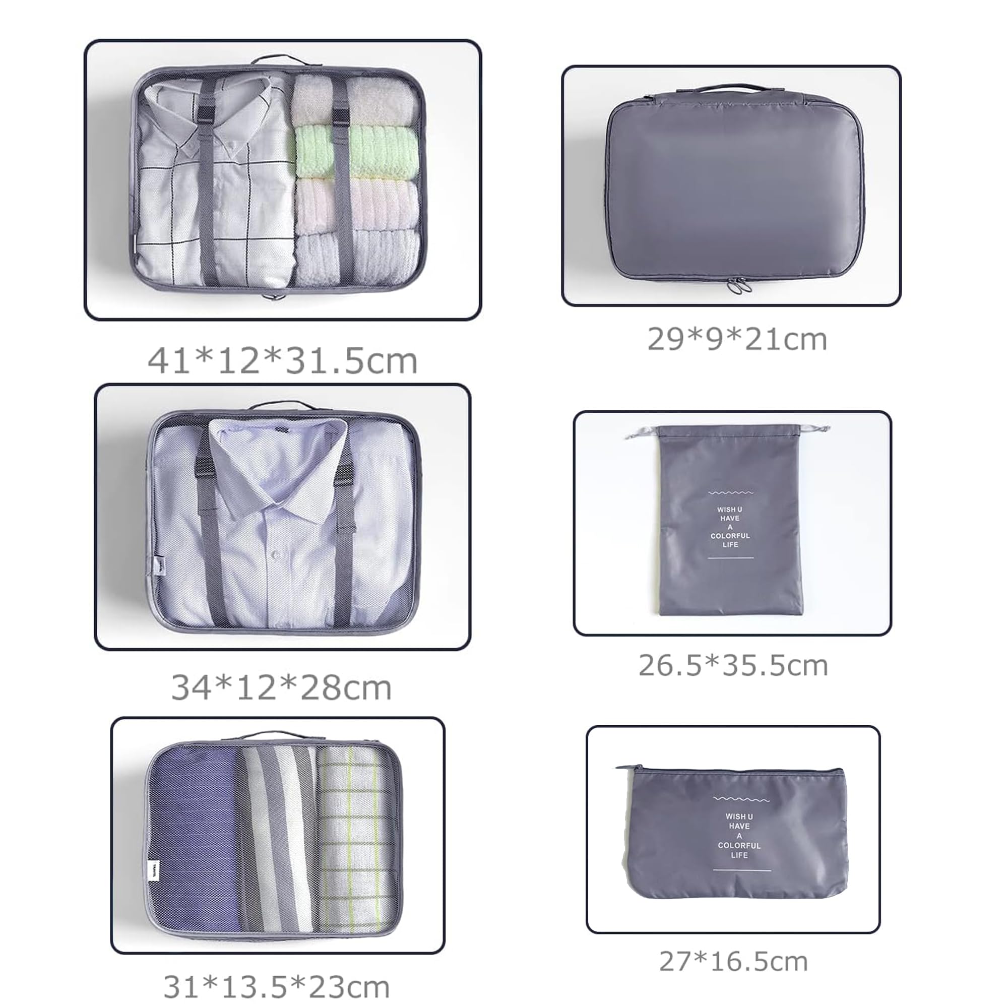 LANSKLBD 6/8 Set Packing Cubes for Suitcases Travel Luggage Packing Organizers,Travel Accessories Essentials Luggage Organizer with Shoe/Tioletry/Laundry Bag (Grey, 6 set) view 7