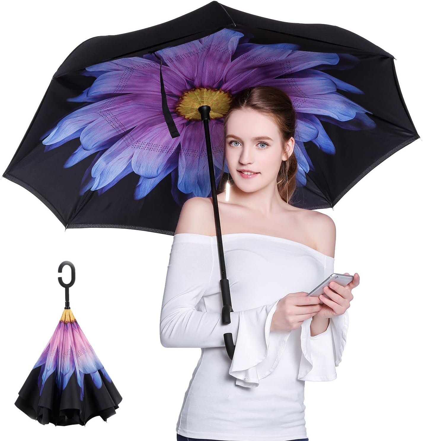 Inverted Umbrella, KROV Double Layer Cars Reverse Umbrella, Windproof UV protection,Rain Away Big Straight with C-Shaped Handle handsfree for Car, Outdoor, Travel use (Purple Daisy)