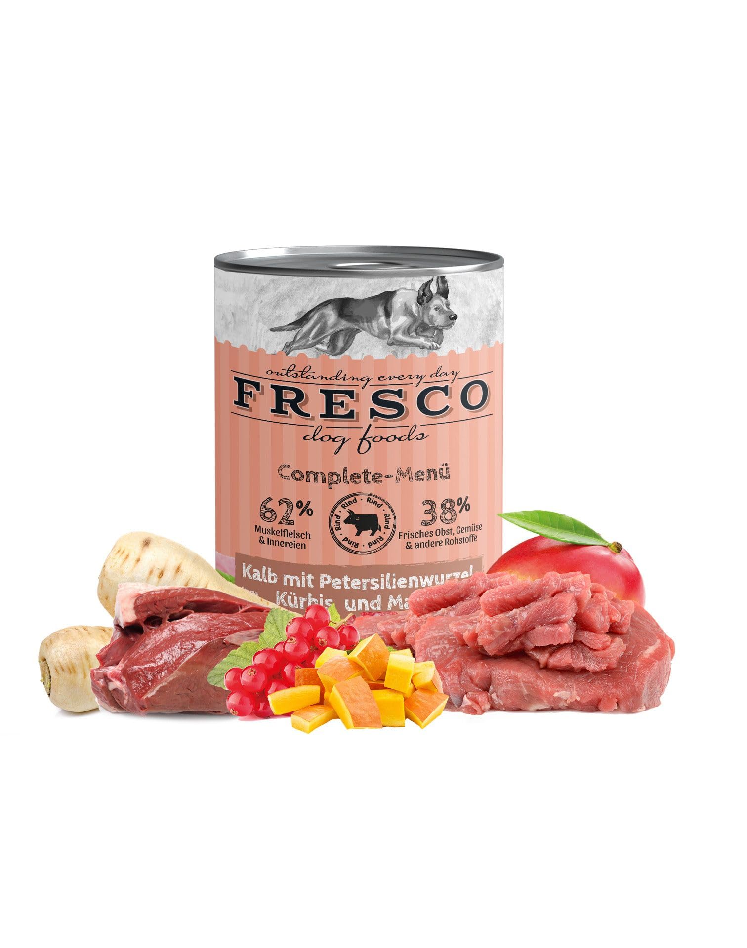 Fresco Complete-Menü Kalb mit Petersilienwurzel, Mango & Johannisbeere | 12er Pack | 12 x 400 g | Nassbarf für Hunde | Wichtige Proteine & Eiweiß | Aus reinem Muskelfleisch