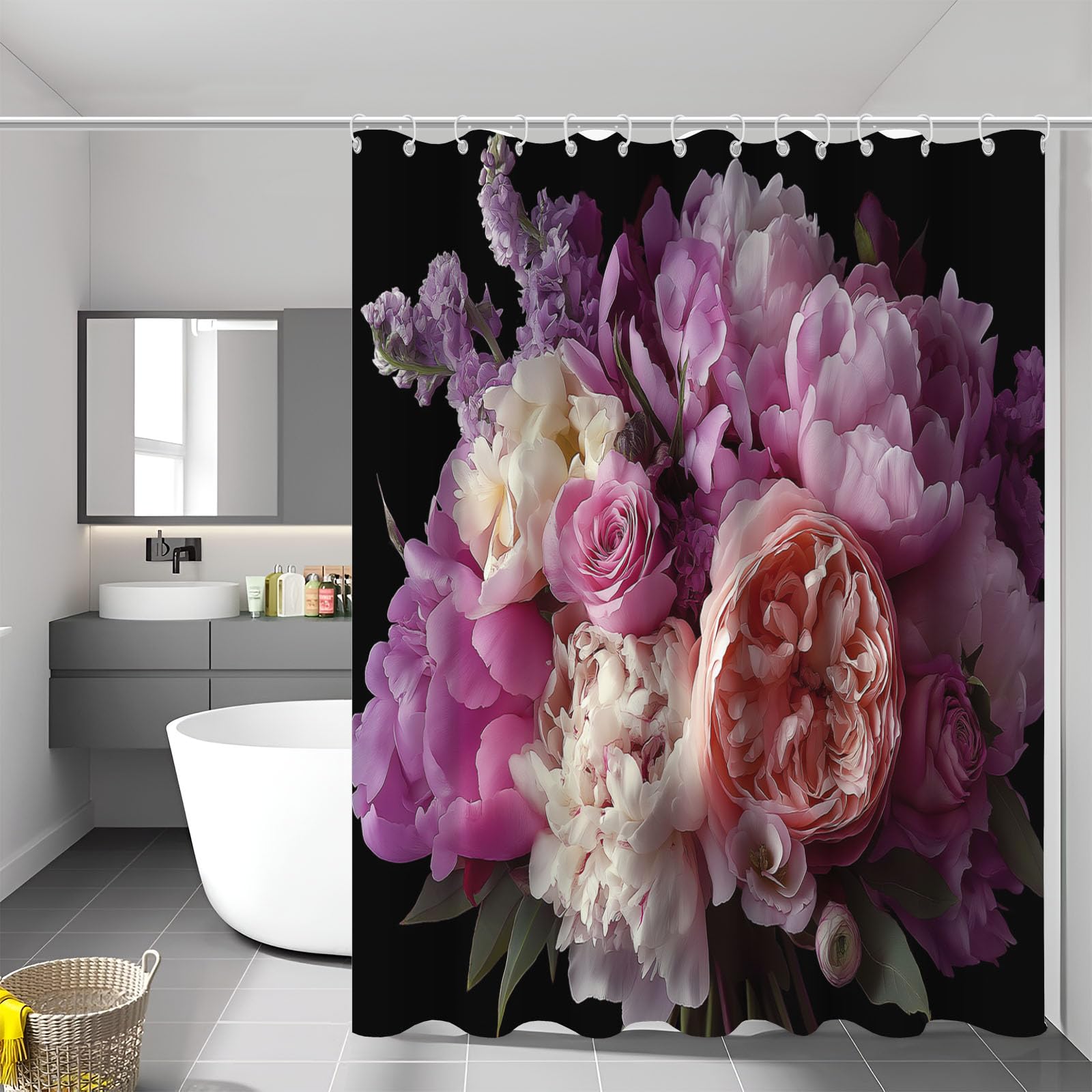 Rideau de douche imperméable lavable pivoine rose pour remplacer un rideau usé
