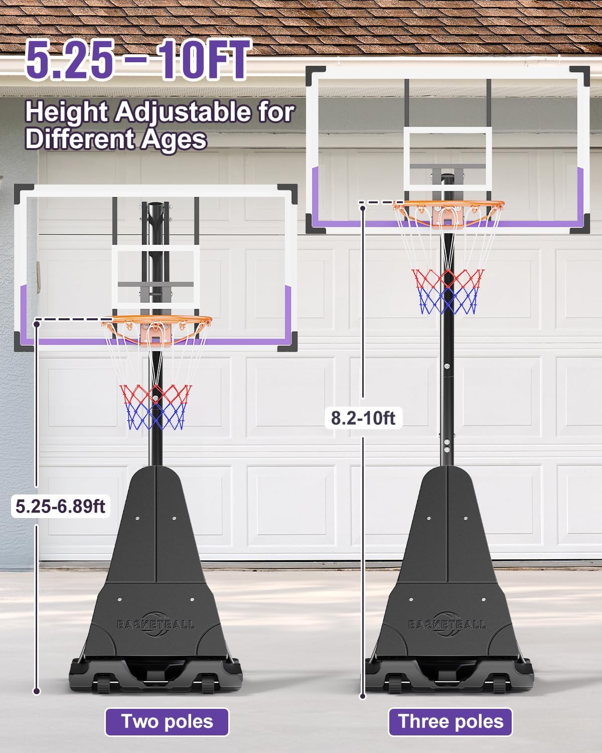 TONBUX Basketball Hoop Outdoor 44/48/54 Inch PC Backboard, 10FT Adjustable Basketball Goal, Portable Basketball Hoop for Kids/Teens/Adults in Backyard, Driveway and Indoor