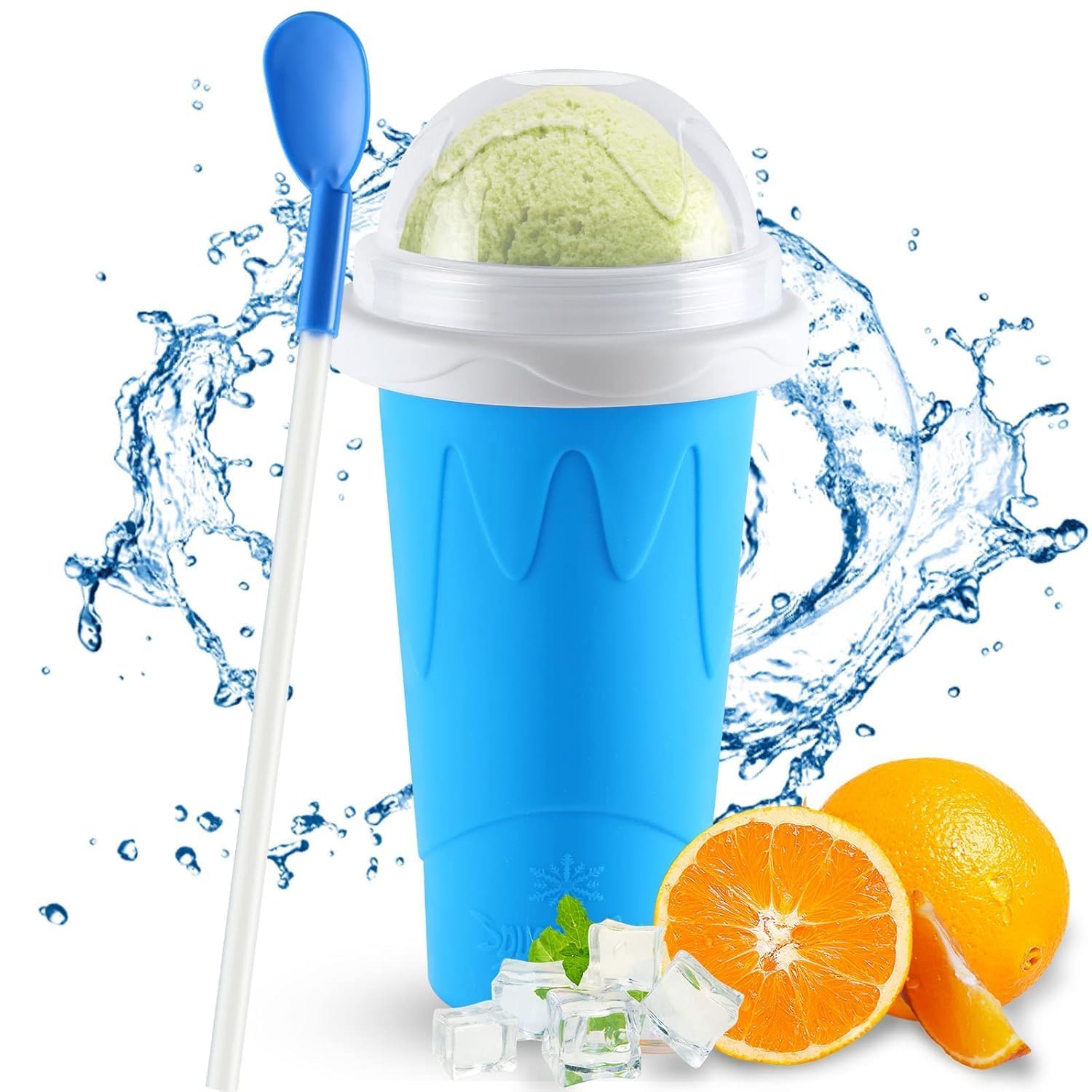 shopping mart slushie maker cup, bpa-free quick frozen slushy cup, ice cream and slush maker for summer fun, self-freezing slushy cup with spoon straw(1 pcs)(10.6 x 20.6 cm)(Blue Color)-picture-10