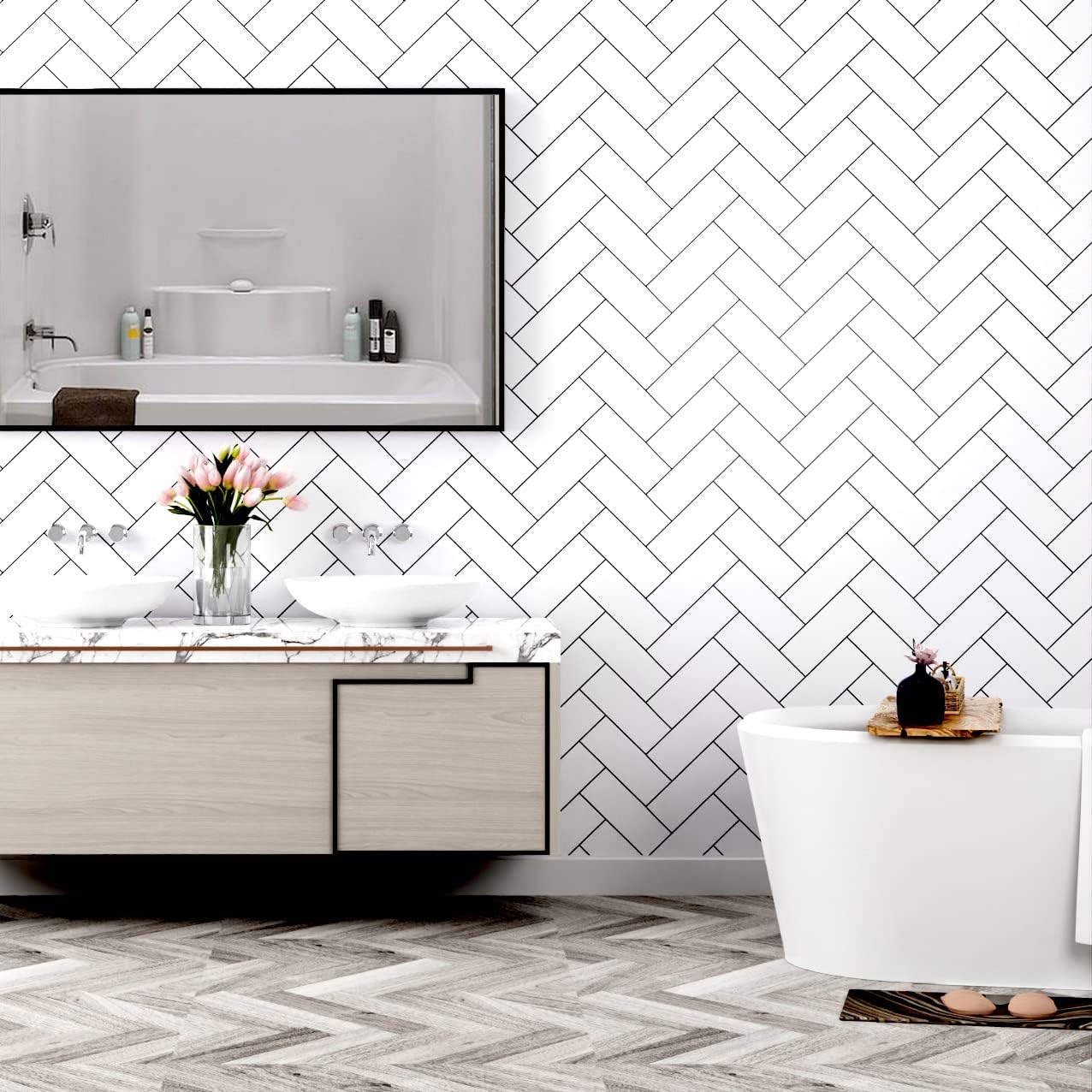 Herringbone Wallpaper Black and White Geometric Wallpaper Peel and Stick Modern Herringbone Brick Wallpaper for Bathroom Shower Walls Kitchen Backsplash Removable Waterproof Vinyl 17.7"x80"