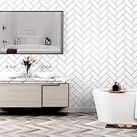 Vista 4 de Herringbone Wallpaper Black and White Geometric Wallpaper Peel and Stick Modern Herringbone Brick Wallpaper for Bathroom Shower Walls Kitchen