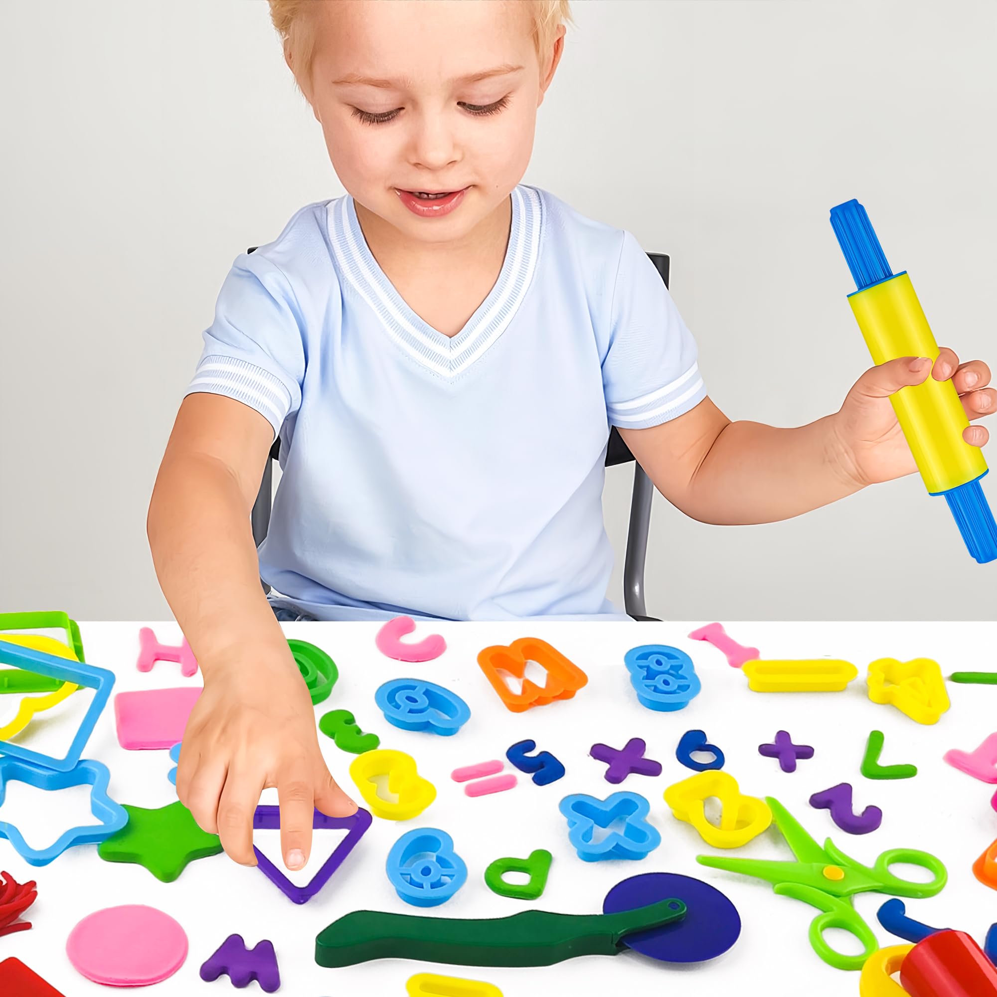 Oun Nana Playdough Tools Set 57 PCS Plastic Playdough Toys Accessories with Play Dough Alphabet Letters and Numbers Cutters, Rolling pin, Rollers, Dough Extruder, Safety Scissors, Plastic Knife - Image 5