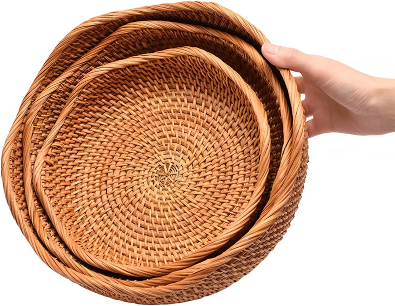 Fruit Bowl Handmade Rattan Round Kitchen Organizer Snack Serving Basket, Wicker Bread Bowl Woven Basket Décor for Nuts with 3”Side and Wavy Edge