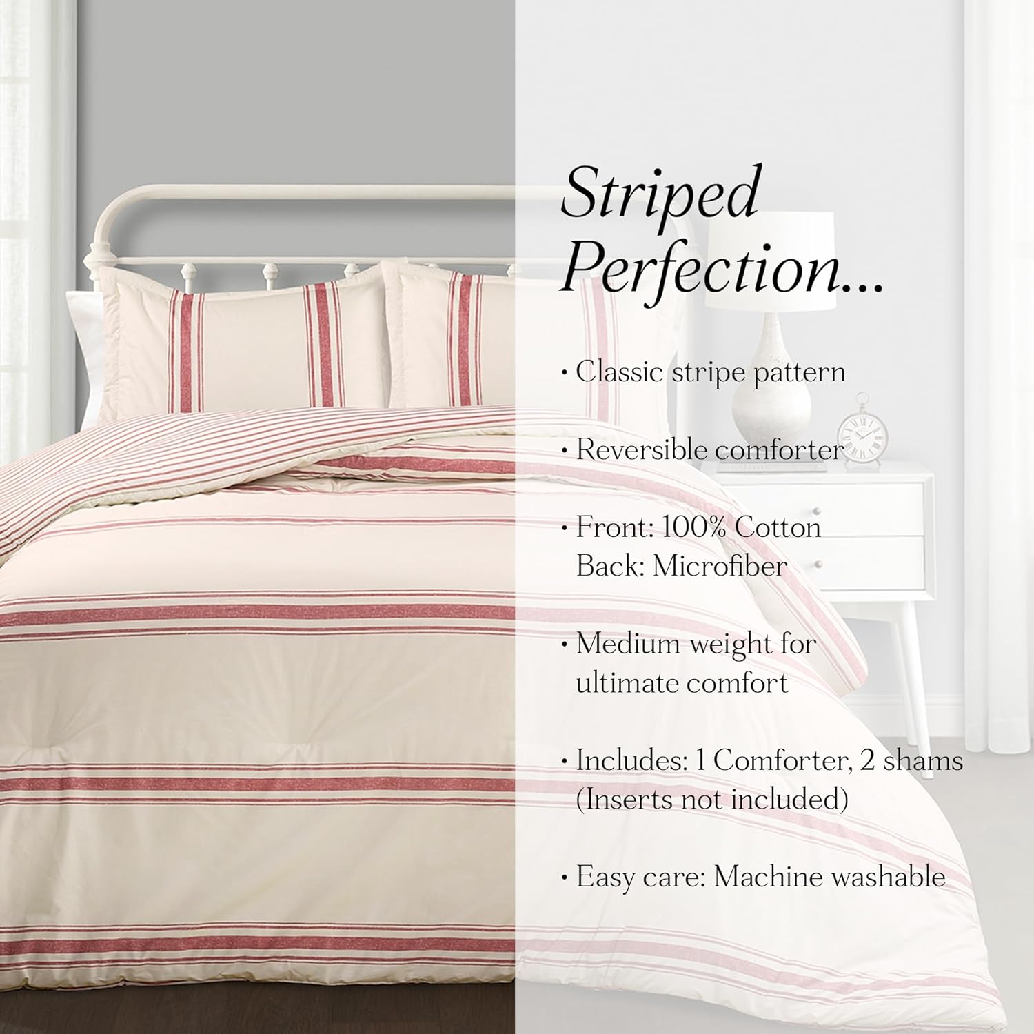 Lush Decor Farmhouse Stripe Reversible Cotton Comforter Set, 3 Piece Set, Full/ Queen, Red - Cozy Farmhouse Bedding Set - Rustic Decor - Striped Comforter - Modern Farmhouse Bedroom Decor
