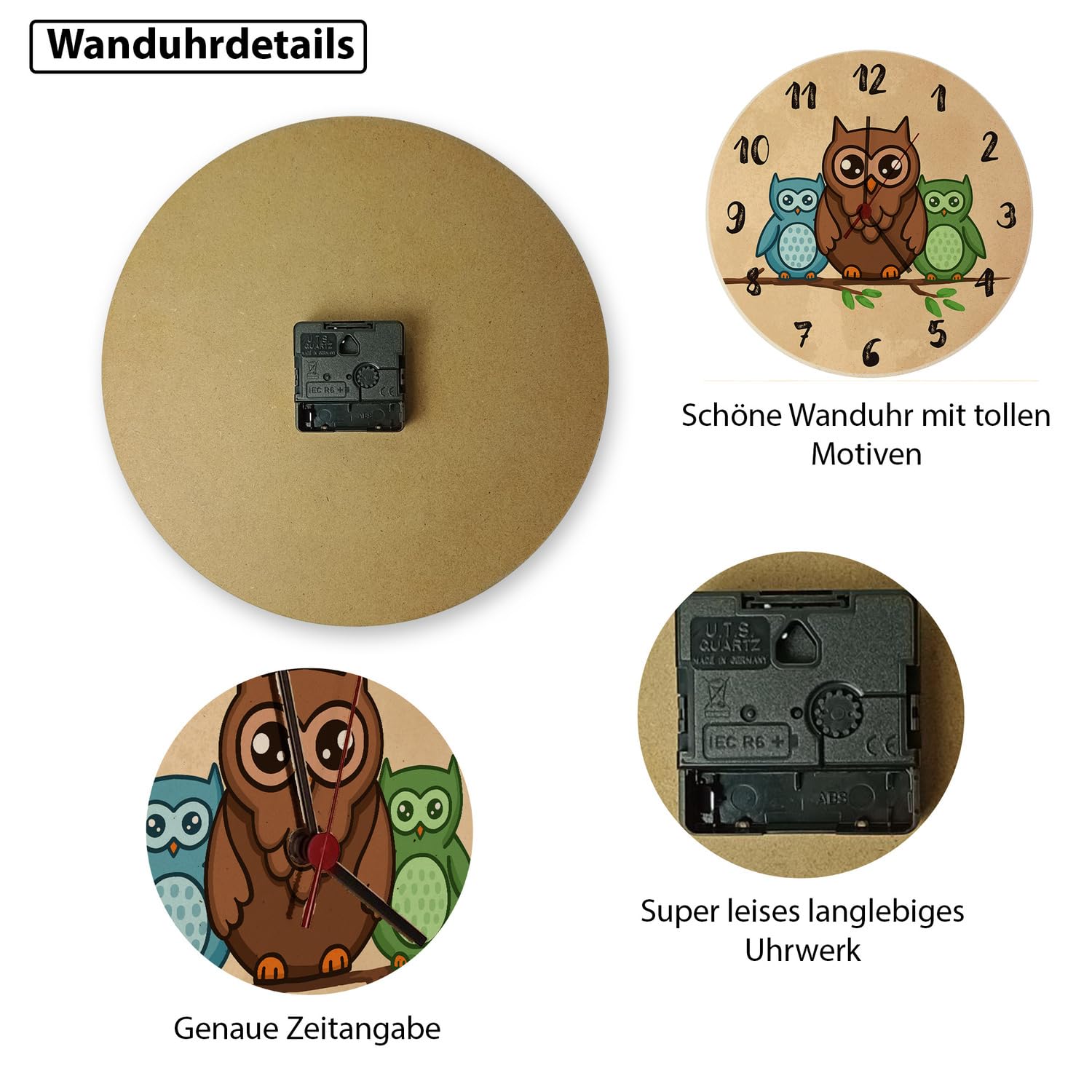 speecheese Eulen auf AST Wanduhr Uhr für Kinder mit süßem Tiermotiv als Dekoration für das Kinderzimmer mit niedlichen Vögeln