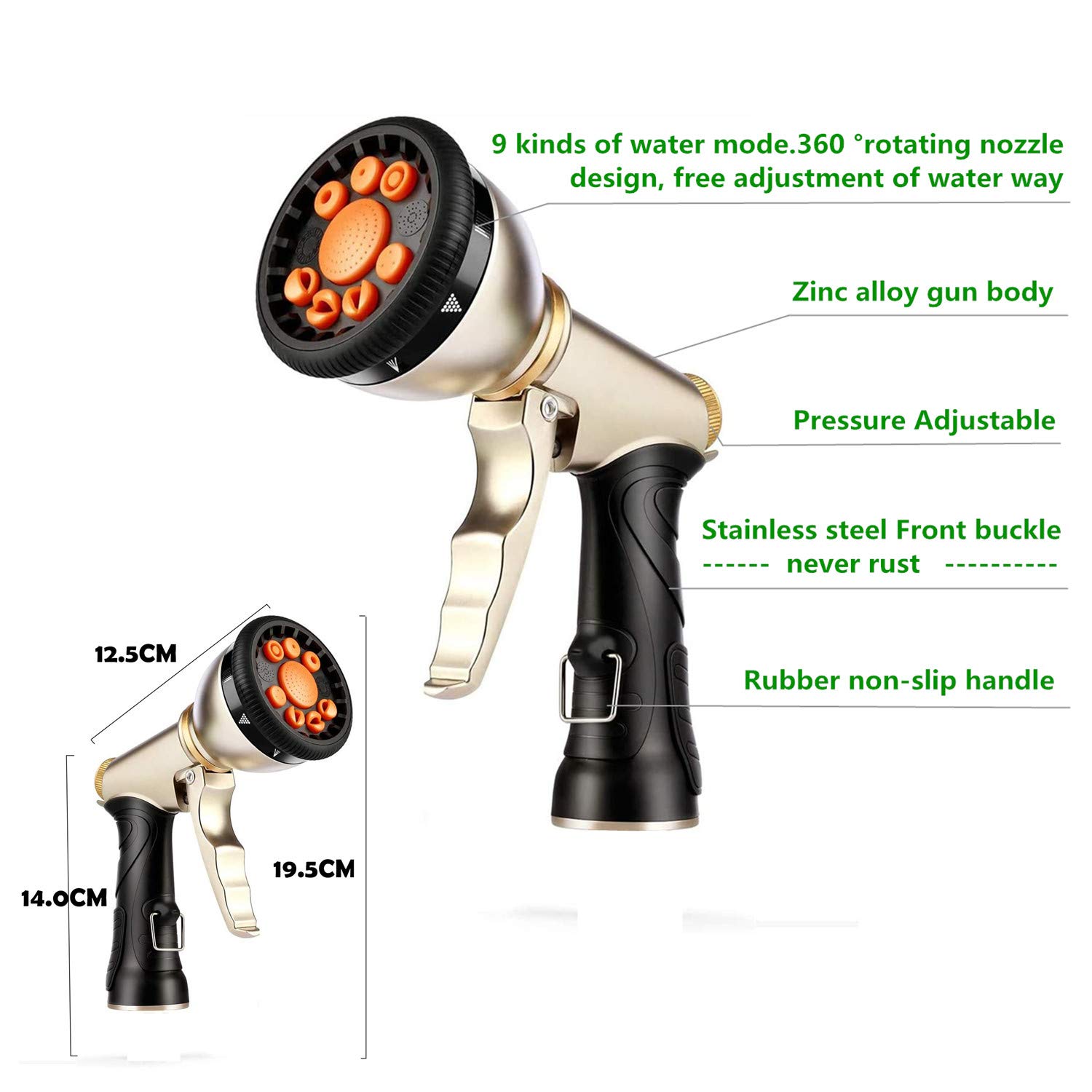 Métal Pistolet Arrosoir, Tuyau d'arrosage Flexible Rétractable, connecteur en Laiton Plein, 9 Fonctions Pistolet, Flexible pour Irrigation, Inclure la vanne d'arrêt（25FT - Contraction 7.6FT）