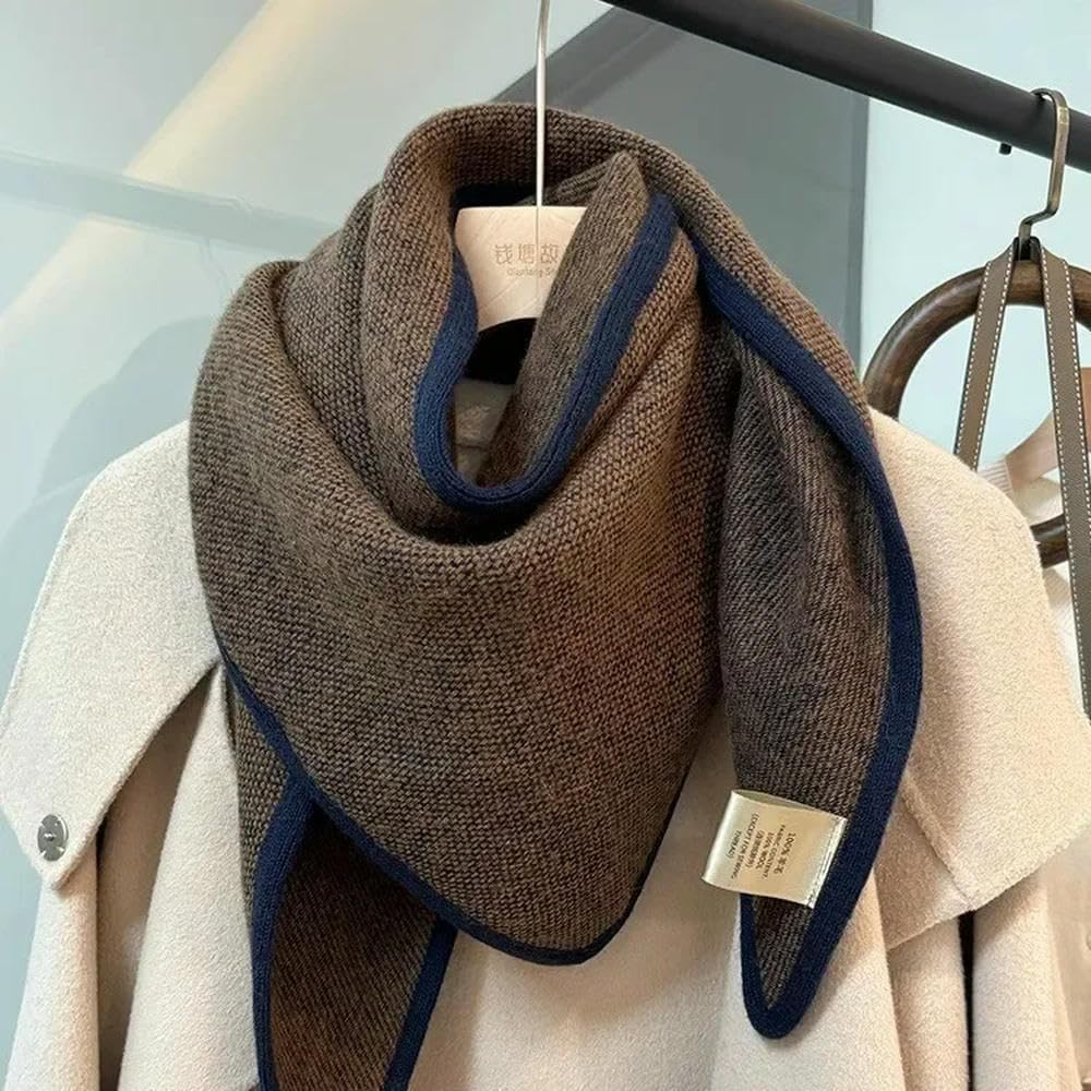 Sciarpa Triangolare in Lana Lavorata a Mano con Bordatura, Scialle Invernale Versatile in Tinta Unita da Donna