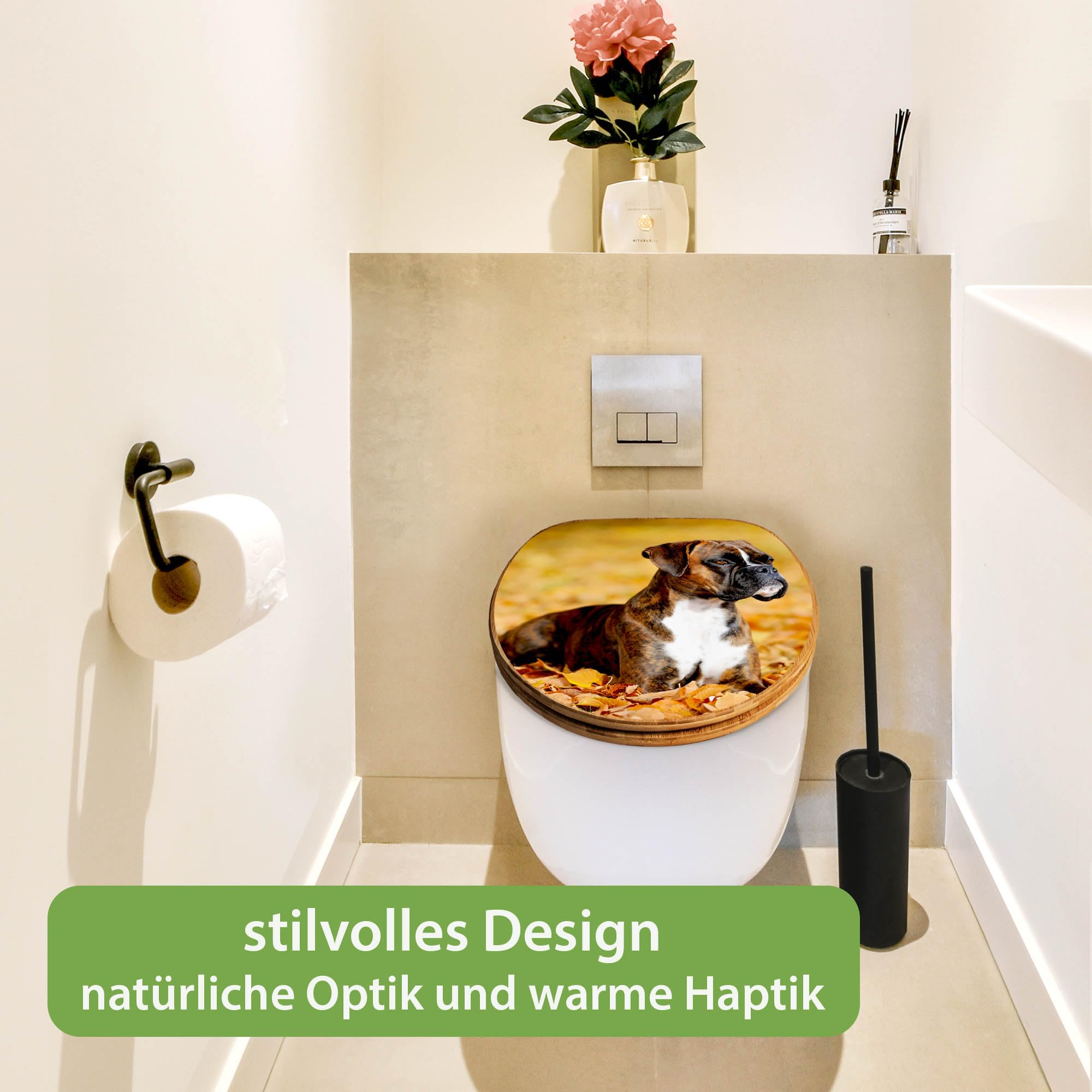 banjado Design WC Sitz Bambus Absenkautomatik 45,8x37,5cm - Toilettendeckel mit Absenkautomatik Holz - hochwertiger Bambus Klodeckel - WC-Sitz für gängigen Toiletten - Motiv Wilhelm