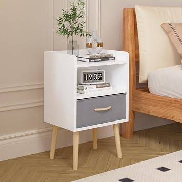 Small Nightstand with Drawer - Wood White Night Stand with 2-Tier Storage Cabinet Modern Bedside Table for Bedroom, Kids Room & Small Spaces. 1, White