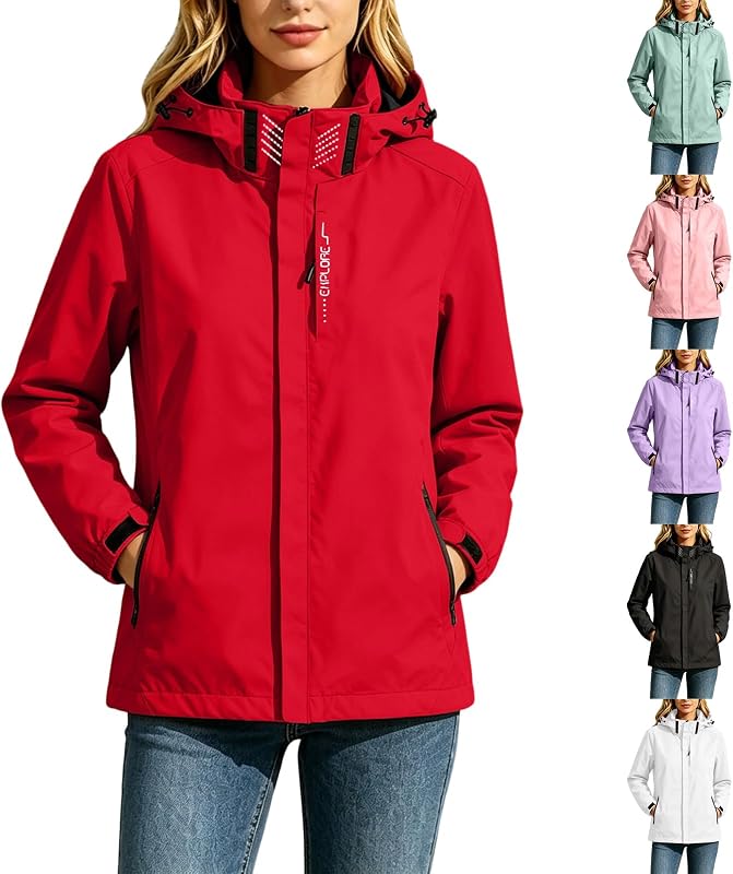BUERCWS Women’s Hooded Rain Jacket Breathable Waterproof in #F01-red